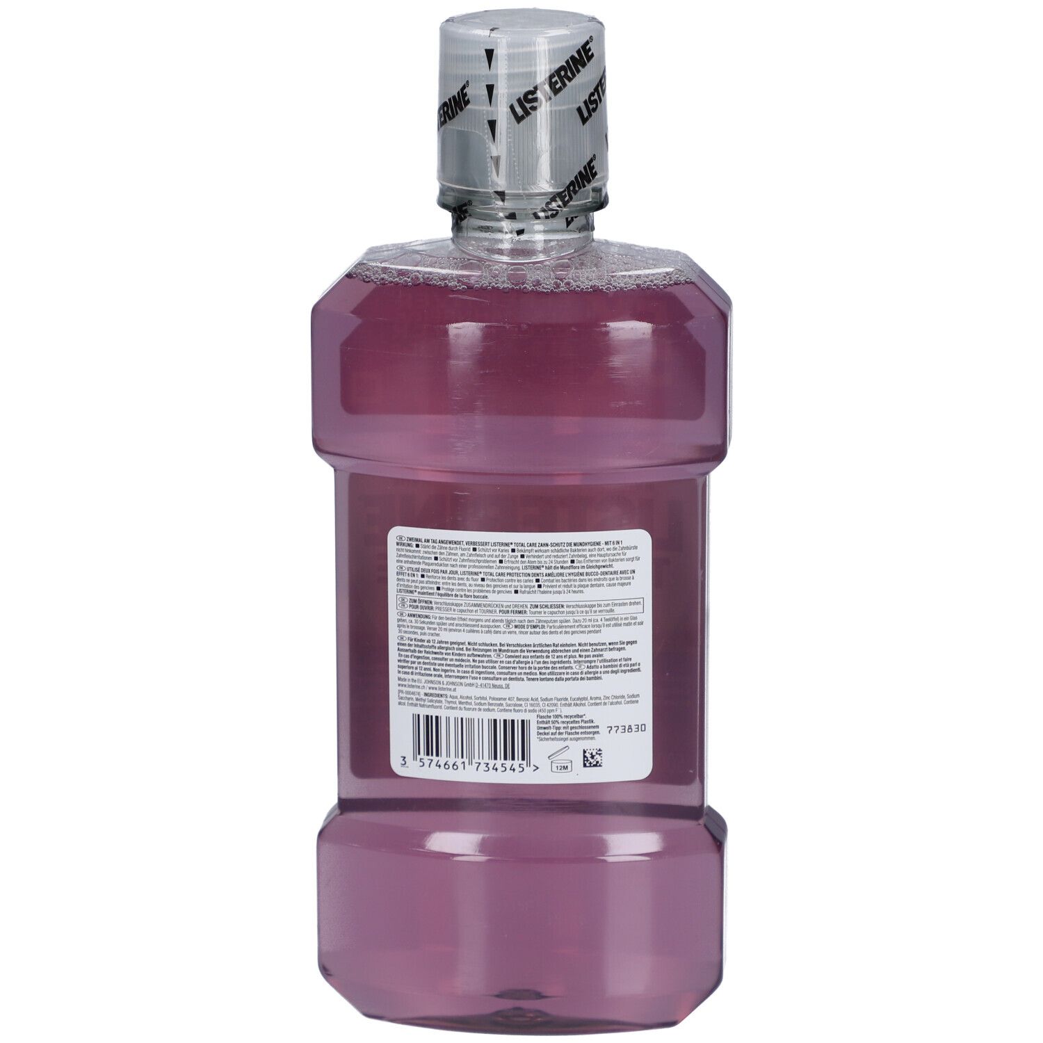 Rückseite der LISTERINE Total Care Schutz Beulen Mundspülungsflasche. Etikett mit Text und Barcode.