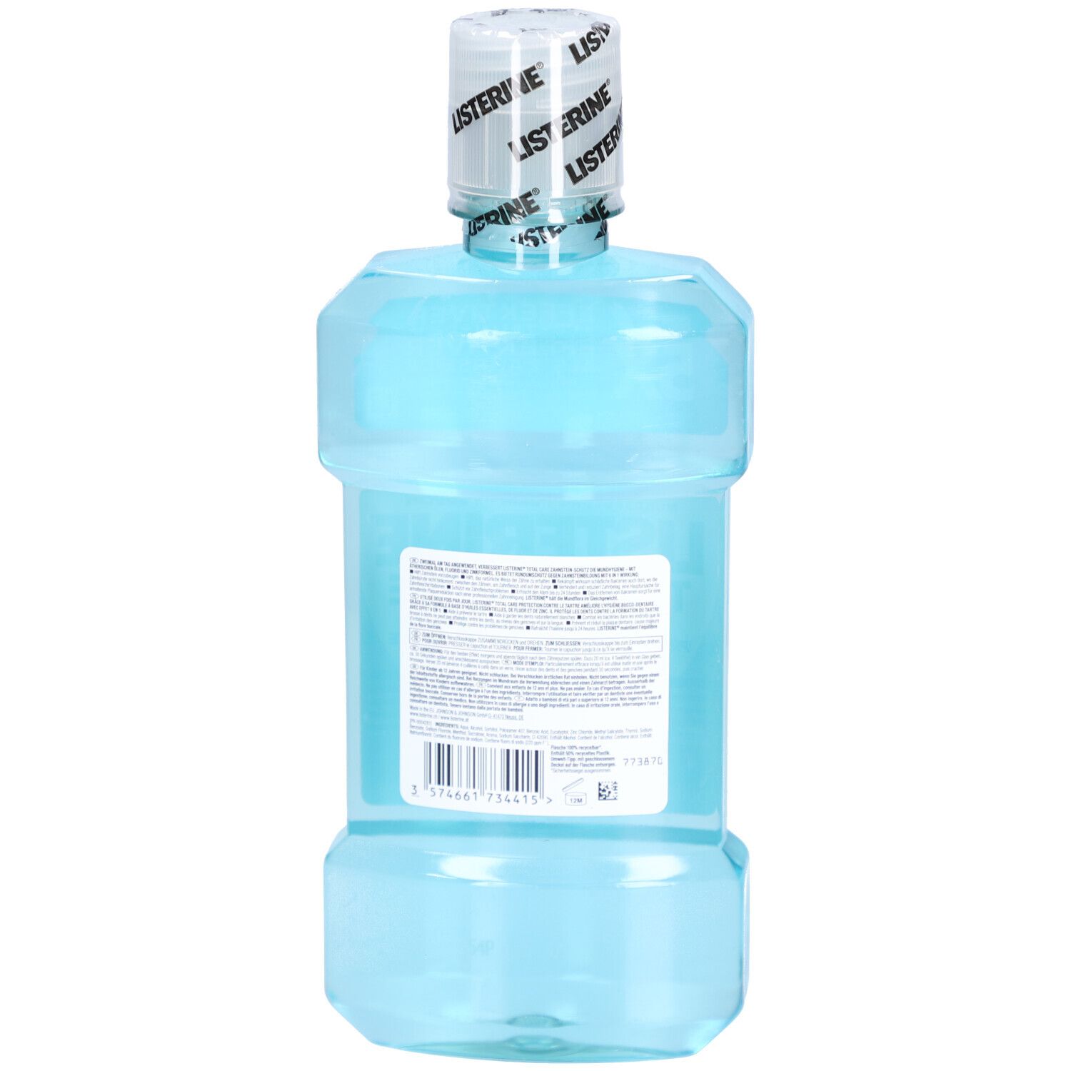 Dos du bain de bouche Listerine Total Care Protection contre le tartre. Bouteille bleue, bouchon blanc. Étiquette avec texte.