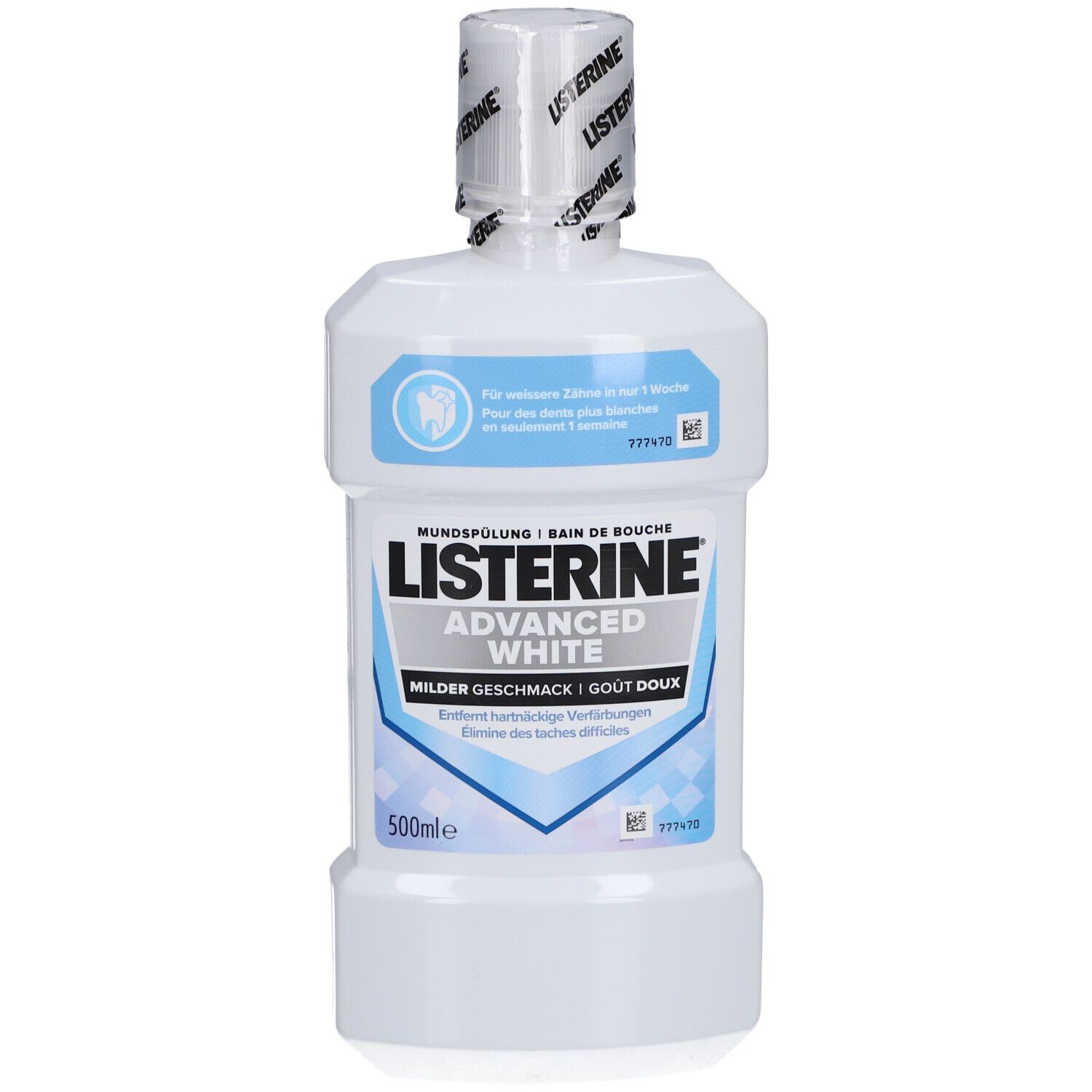 Mundspülung-Flasche. Weißes Plastik, blaues Etikett mit Schriftzug 'Listerine Advanced White'.