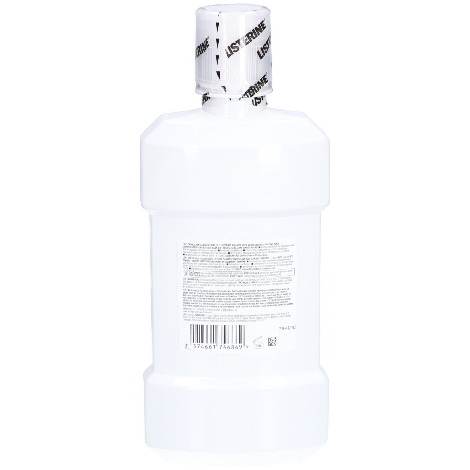 Rückseite der Mundspülungsflasche. Weißes Plastik, Text und Barcode.