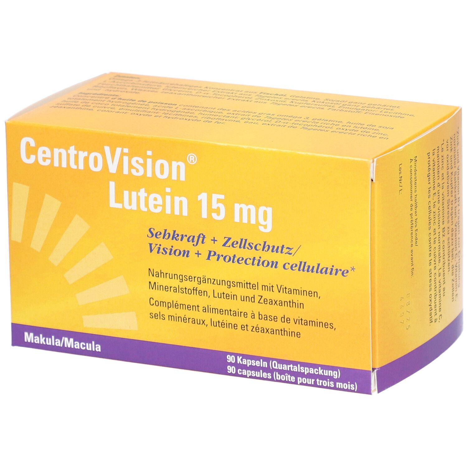 Gelbe Schachtel mit CentroVision Lutein 15 mg. Text: Sehkraft + Zellschutz. 90 Kapseln. Makula/Macula.