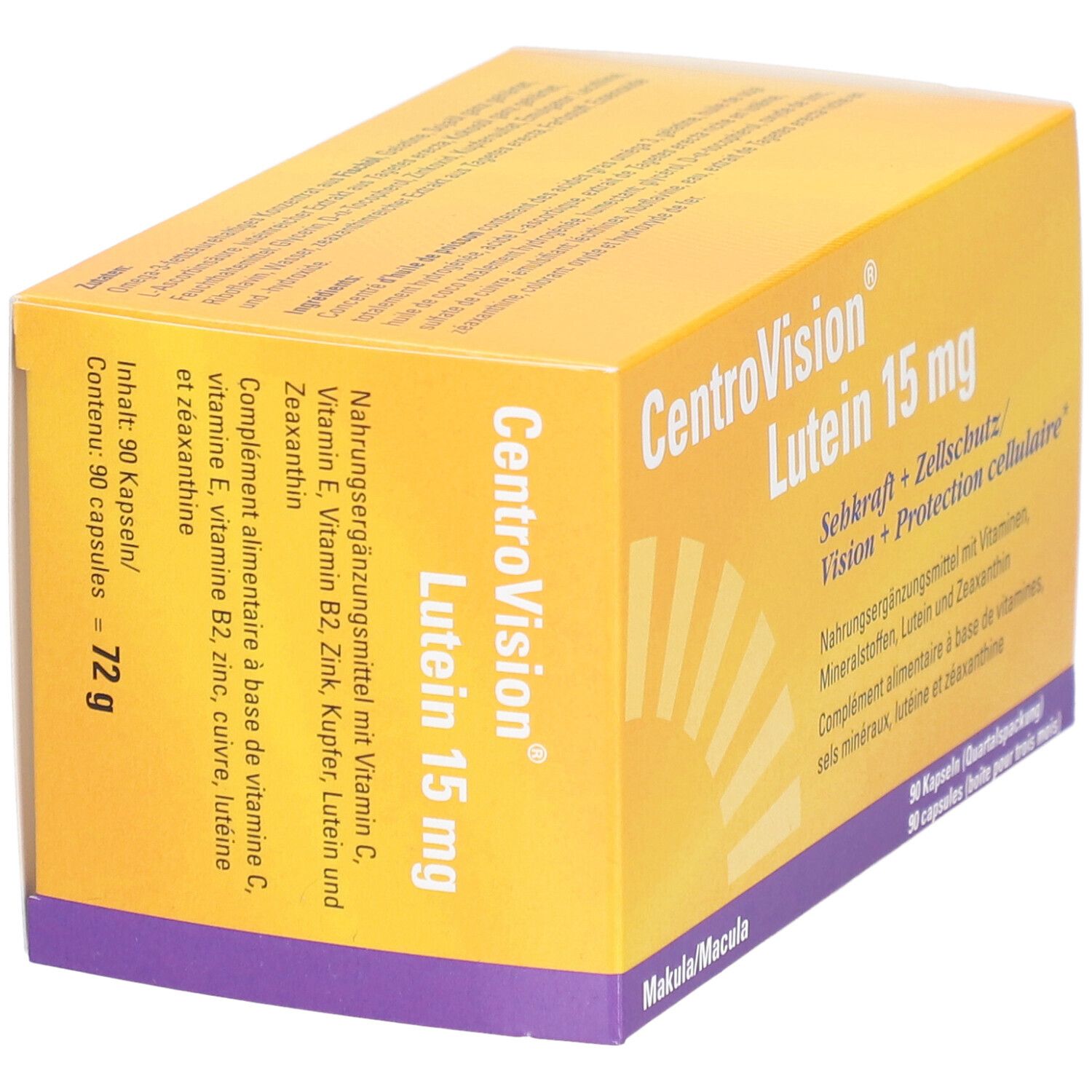Schräg gestellte gelbe Schachtel mit CentroVision Lutein 15 mg. Text: Sehkraft + Zellschutz. 90 Kapseln.