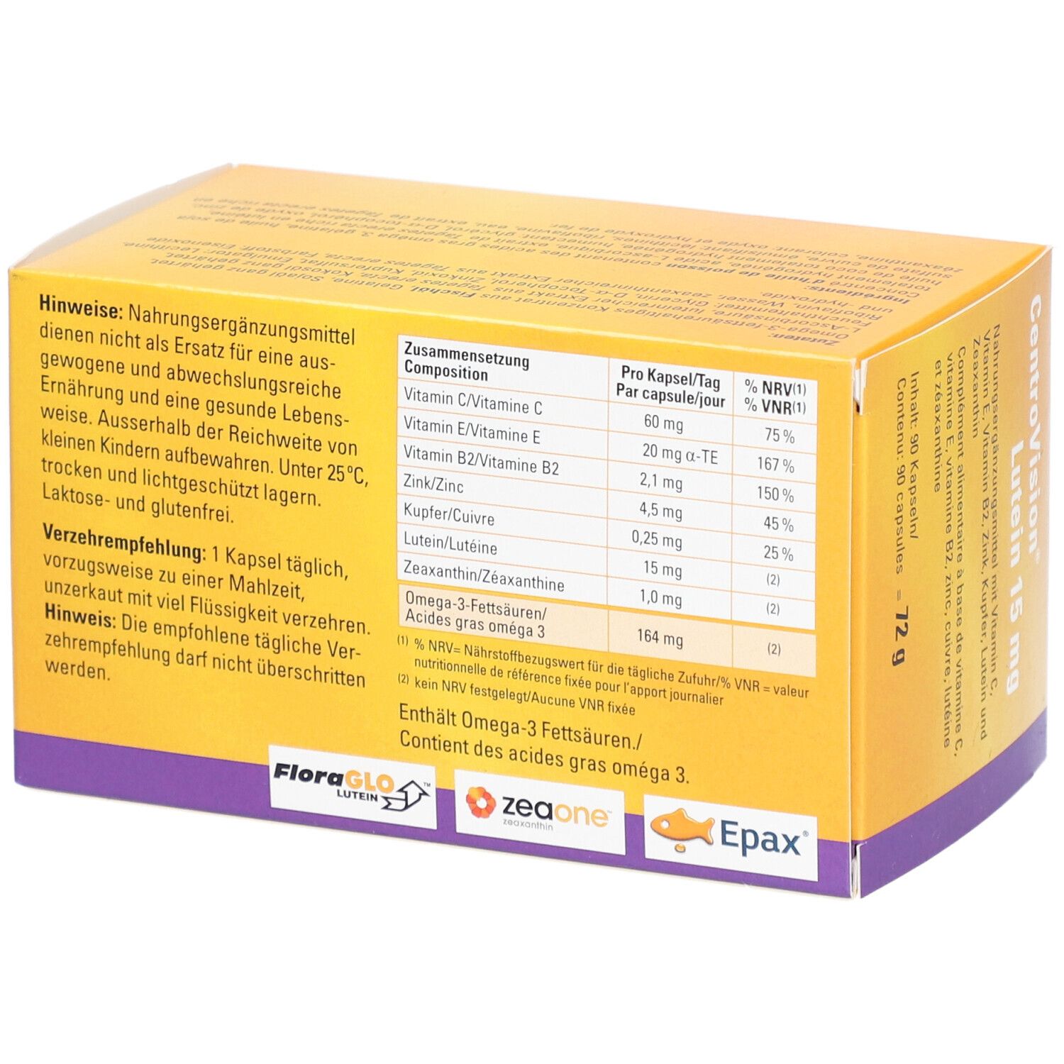 Rückseite der gelben Schachtel CentroVision Lutein 15 mg. Text: Inhaltsstoffe, Nährwertangaben, Hinweise. 90 Kapseln.