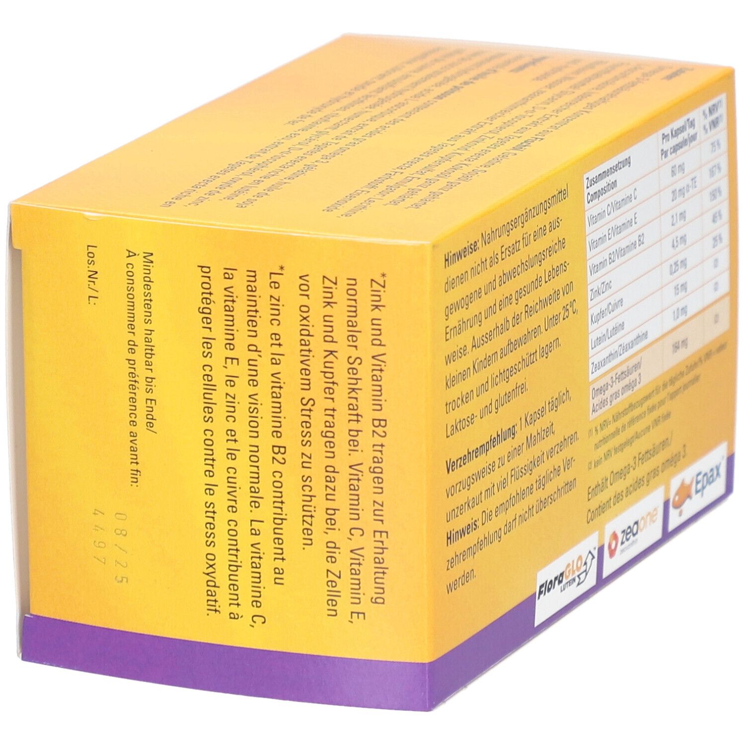 Schräg gestellte Rückseite der gelben Schachtel CentroVision Lutein 15 mg. Text: Hinweise, Inhaltsstoffe, Mindesthaltbarkeit.