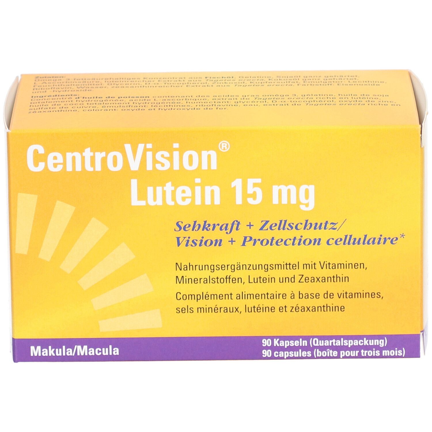 Gelbe Schachtel CentroVision Lutein 15 mg. Text: Sehkraft + Zellschutz. 90 Kapseln. Makula/Macula.