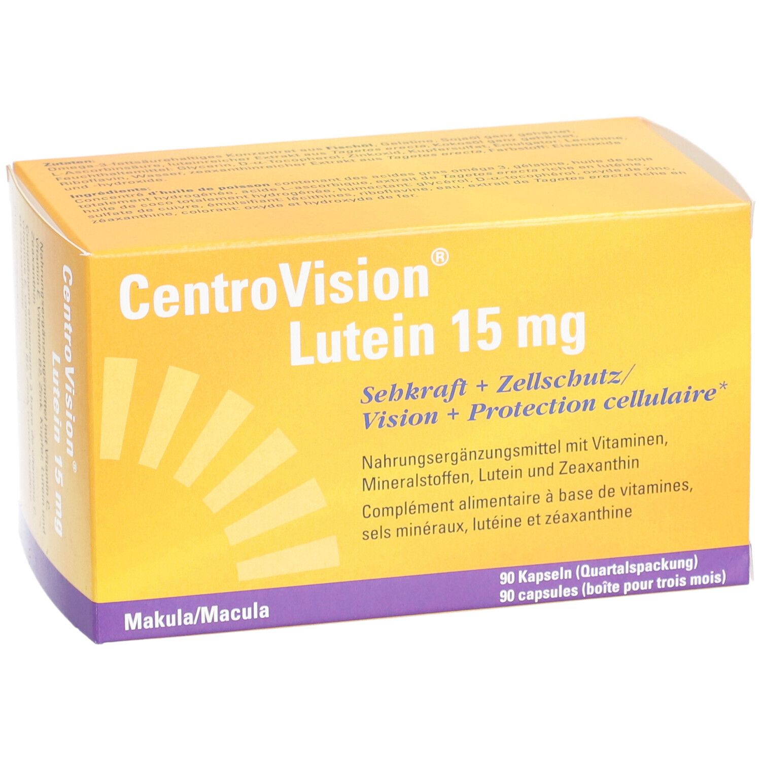 Gelbe Schachtel CentroVision Lutein 15 mg. Text: Sehkraft + Zellschutz. 90 Kapseln. Makula/Macula.