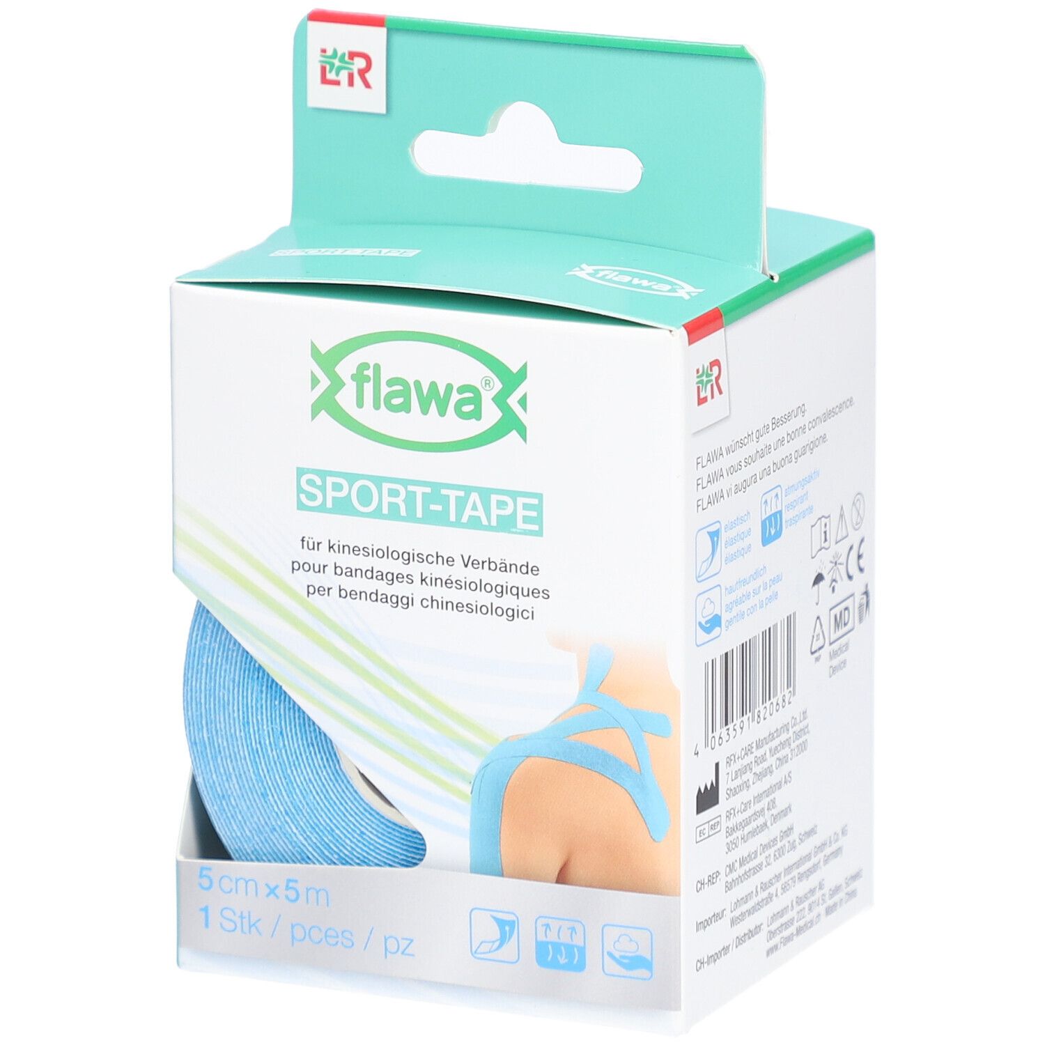 Blaues Sport-Tape in Verpackung. 5 cm x 5 m. Aufdruck: flawa, Sport-Tape, für Kinesiologie-Verbände. Rolle sichtbar.