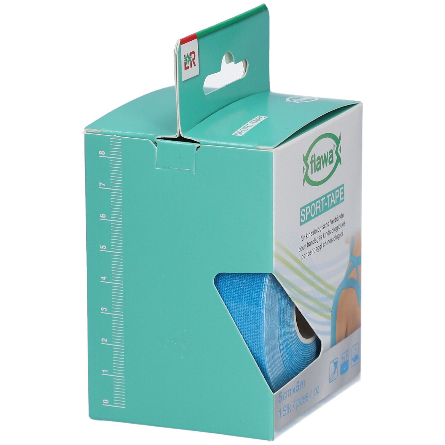 Verpackung mit blauem Sport-Tape. Seite mit Maßangaben. Aufdruck: flawa, Sport-Tape. Rolle des Tapes sichtbar.