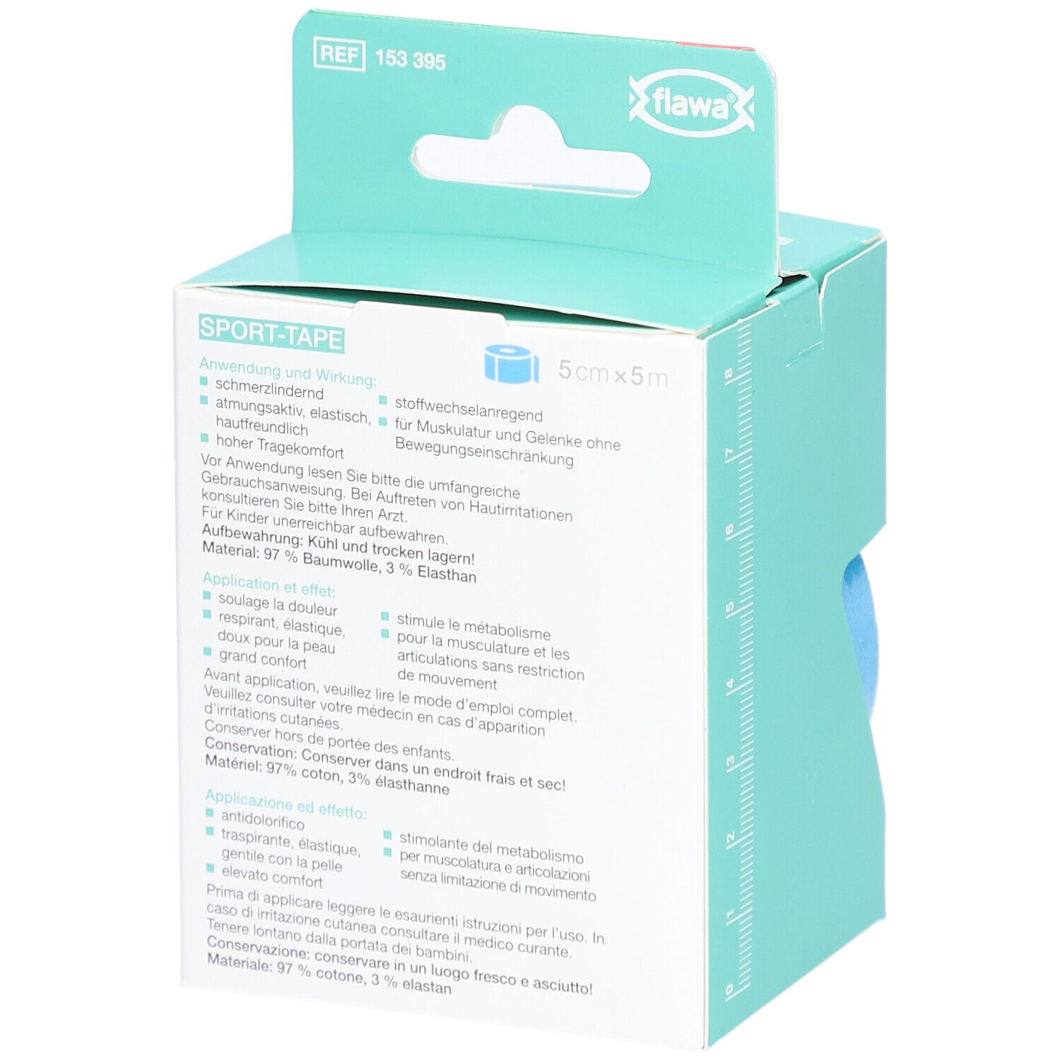 Rückseite der Verpackung mit blauem Sport-Tape. Aufdruck: flawa, Sport-Tape, Anwendung, Material, Inhaltsstoffe, Warnhinweise.
