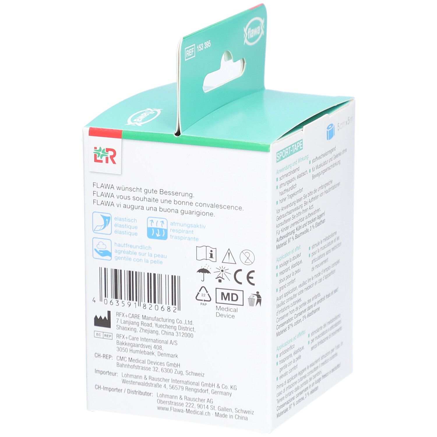 Verpackung mit blauem Sport-Tape. Aufdruck: flawa, Sport-Tape, Herstellerinformationen, Medizinprodukt-Symbol.