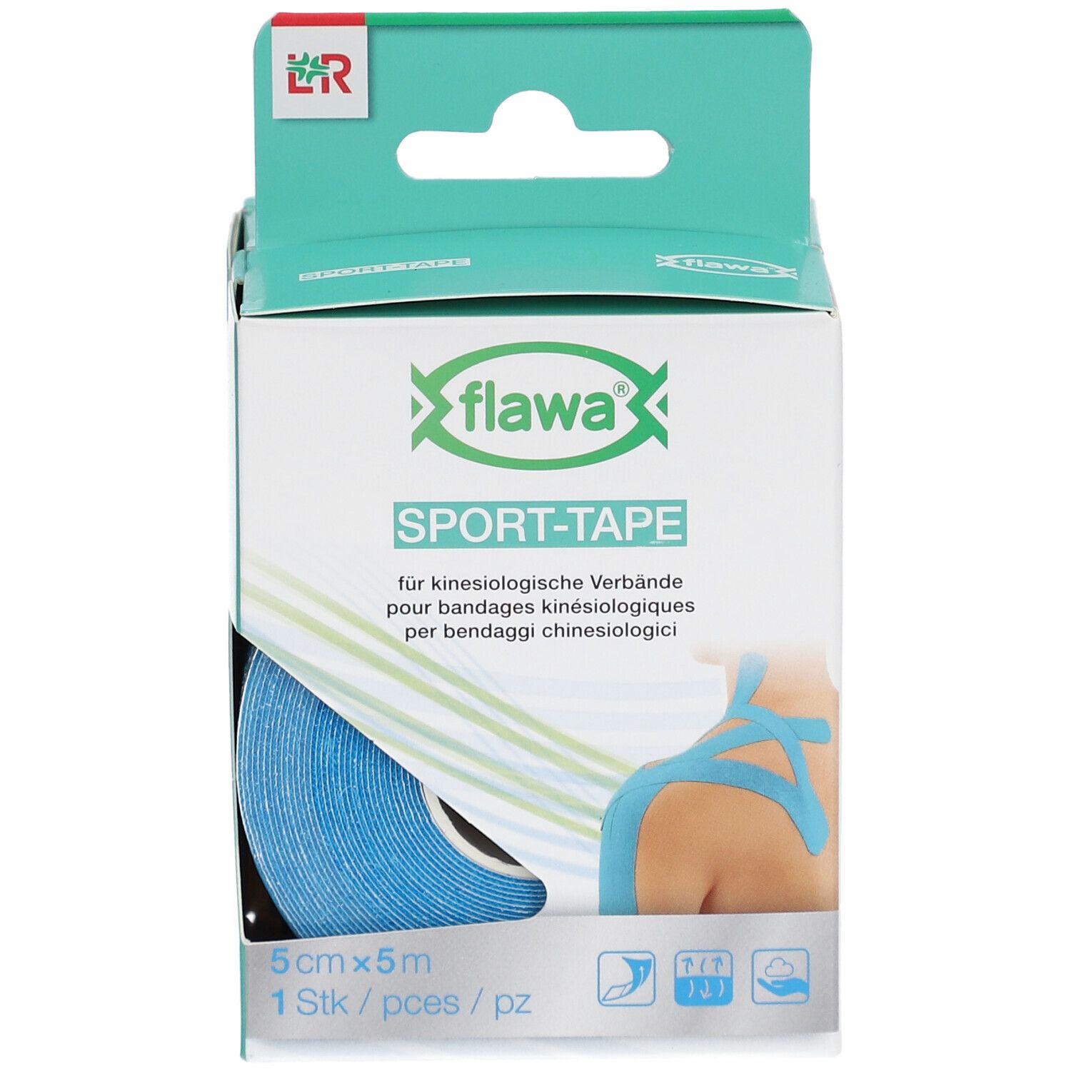 Verpackung mit blauem Sport-Tape. Aufdruck: flawa, Sport-Tape, für Kinesiologie-Verbände. Rolle des Tapes sichtbar.