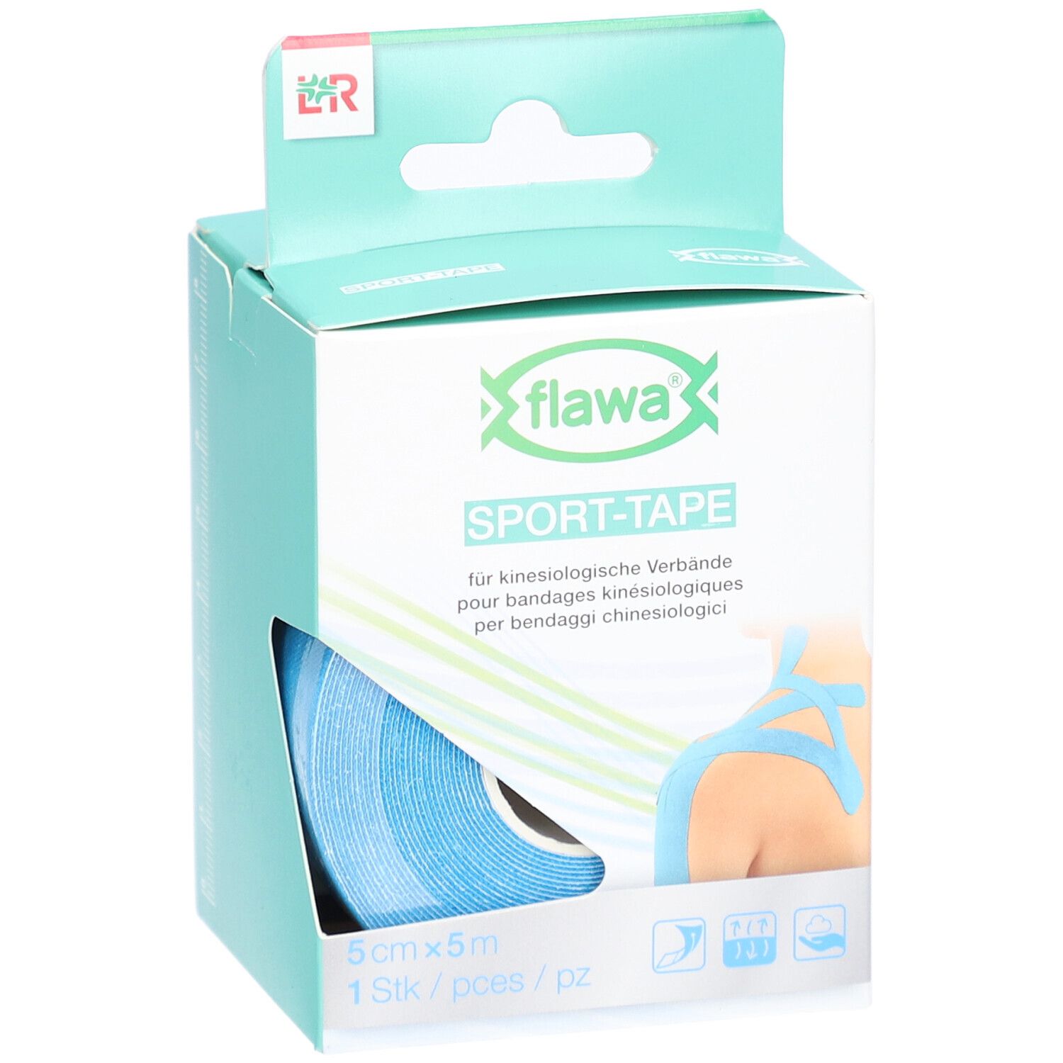 Verpackung mit blauem Sport-Tape. Aufdruck: flawa, Sport-Tape, für Kinesiologie-Verbände. Rolle des Tapes sichtbar.