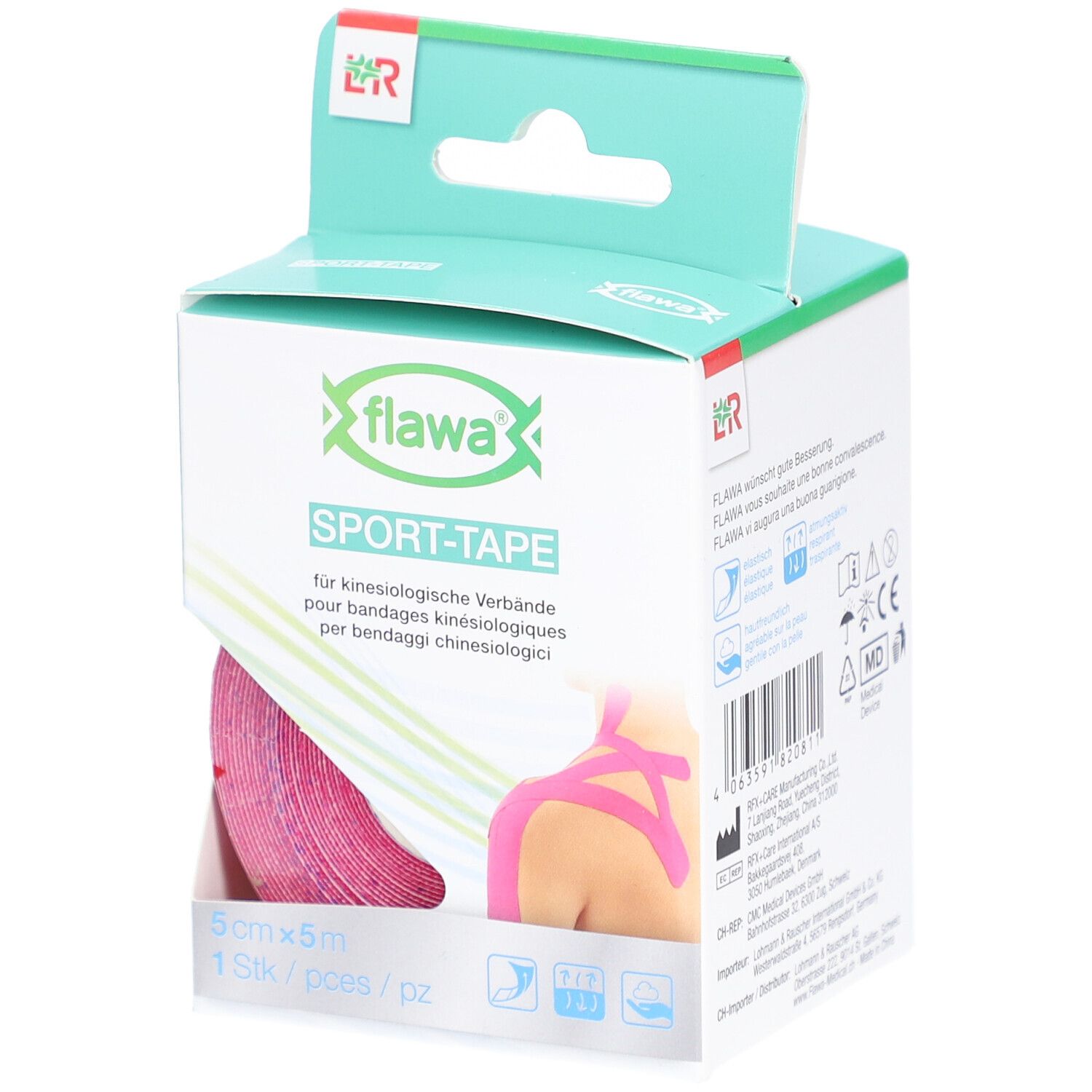 Rosa Sport-Tape in Verpackung. 5cm x 5m. Marke: flawa. Für Kinesiologie-Verbände. 1 Rolle. Aufdruck mit Anwendungsbeispiel.