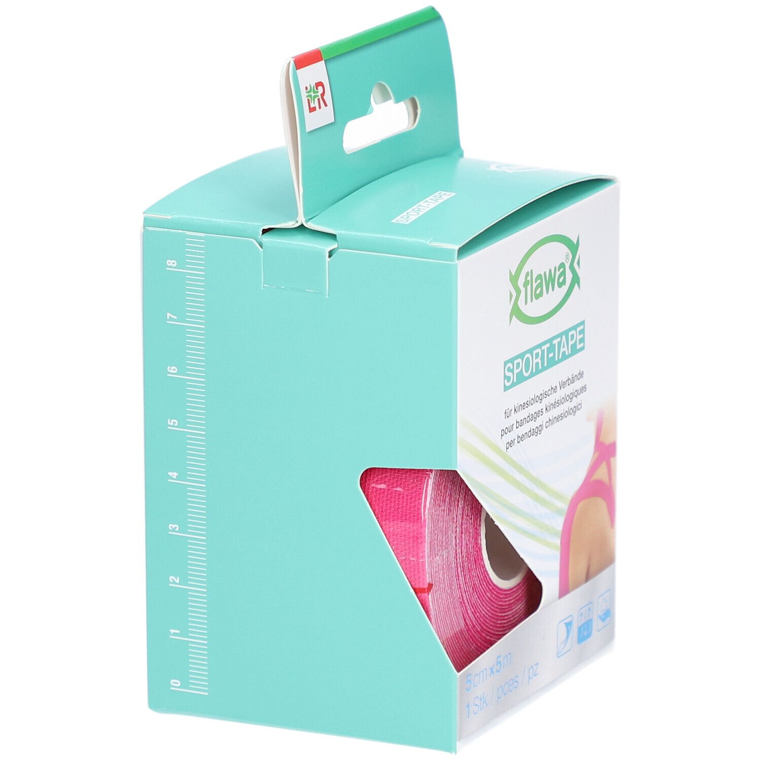 Verpackung mit rosa Sport-Tape. Marke: flawa. 5cm x 5m. Kinesiologie-Verbände. Aufgedruckte Skala an der Seite. Rosa Tape sichtbar.