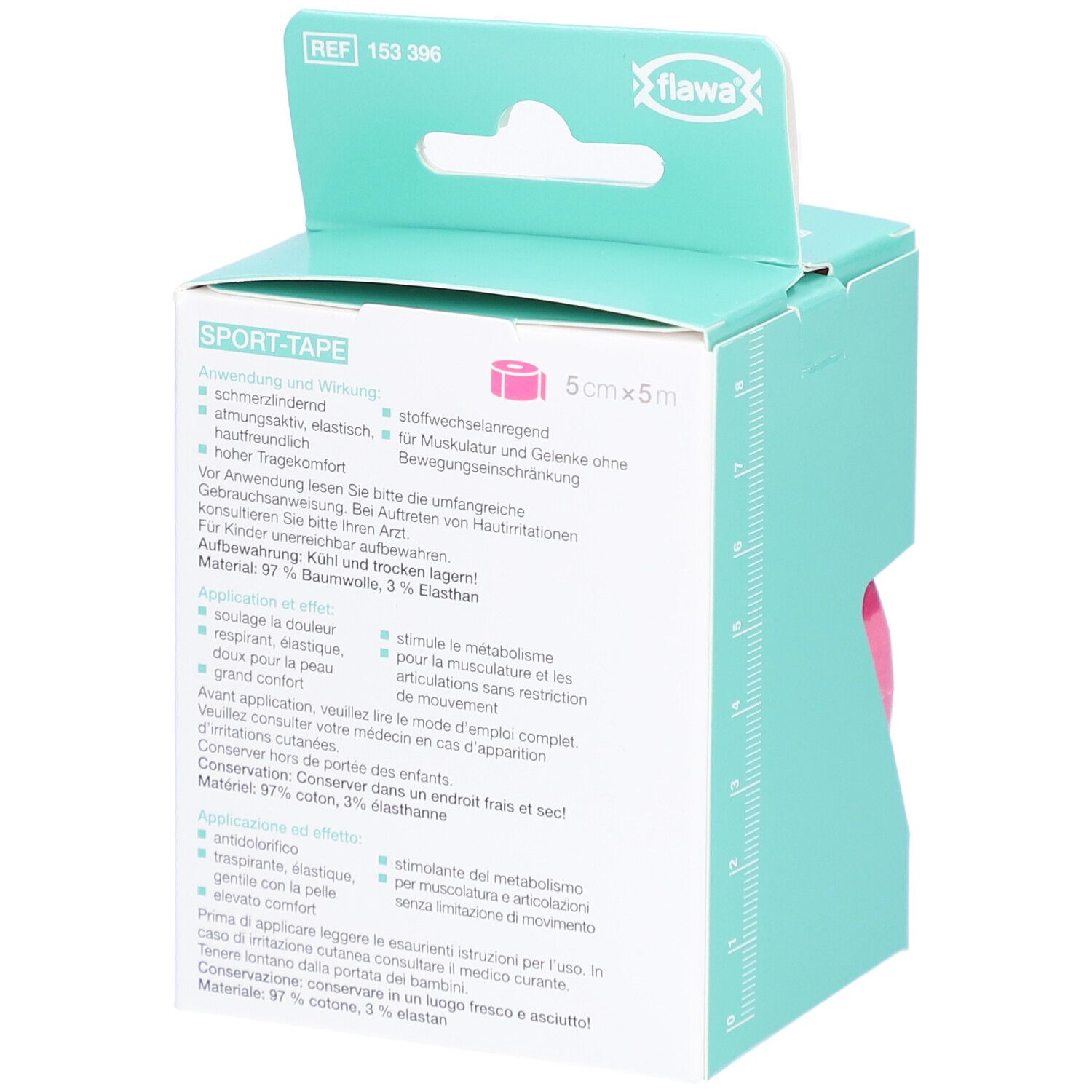 Verpackung mit Produktinformationen. Rosa Sport-Tape. Marke: flawa. 5cm x 5m. Material: 97% Baumwolle, 3% Elasthan. Anwendungshinweise.