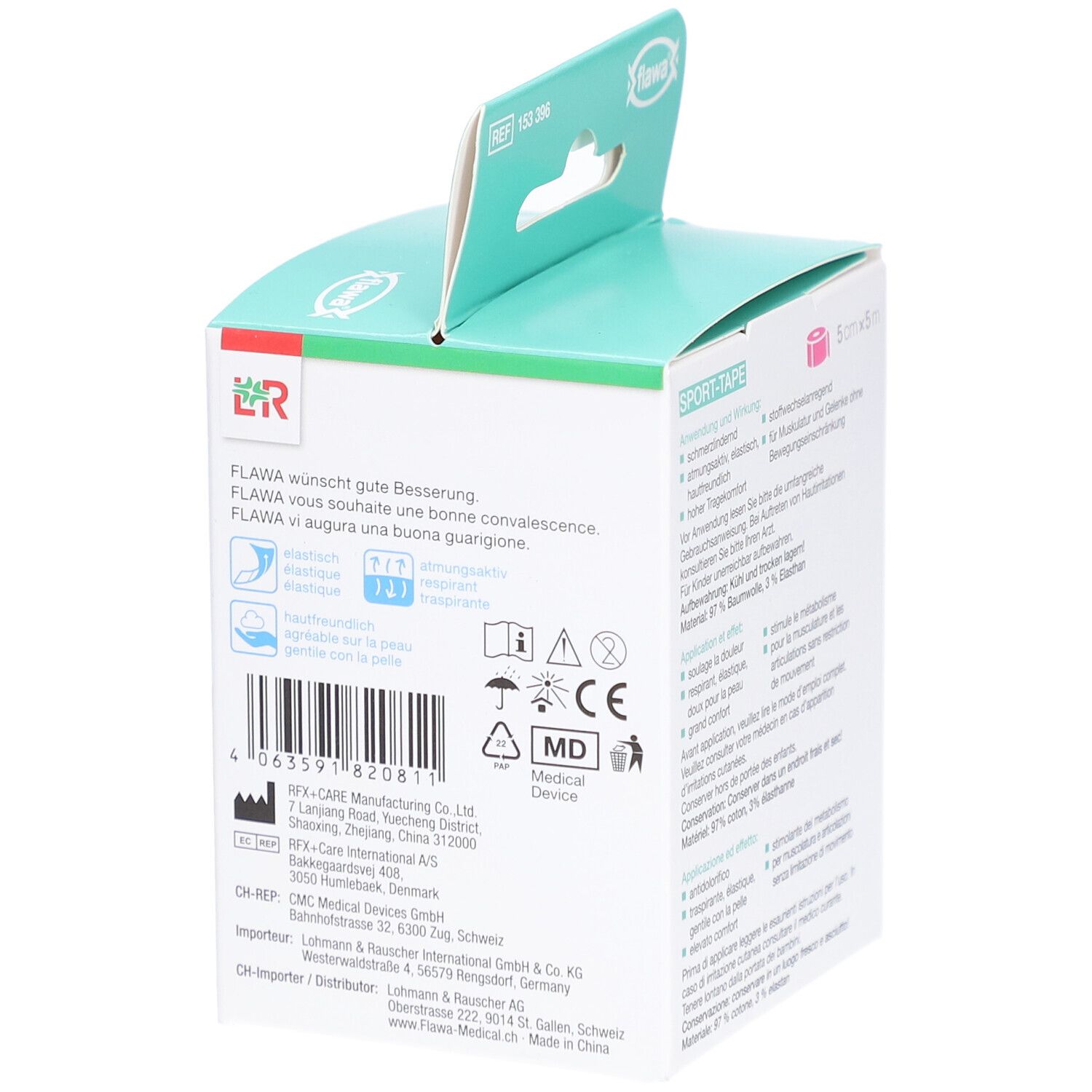 Rückseite der Verpackung. Marke: flawa. Sport-Tape. Medizinprodukt. Informationen zu Hersteller und Importeur. Warnhinweise.