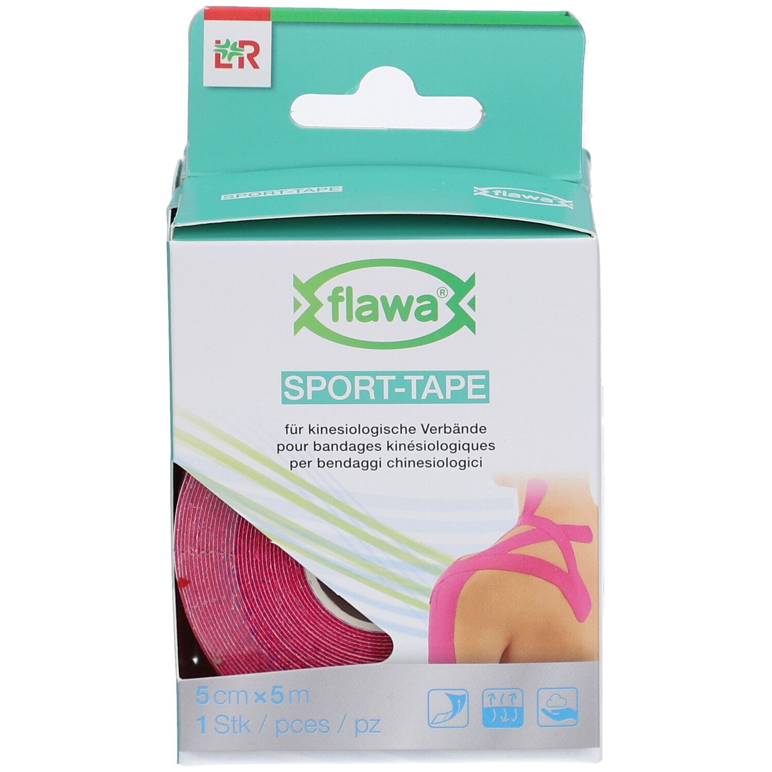 Verpackung mit rosa Sport-Tape. Marke: flawa. 5cm x 5m. Für Kinesiologie-Verbände. 1 Rolle. Aufdruck mit Anwendungsbeispiel.