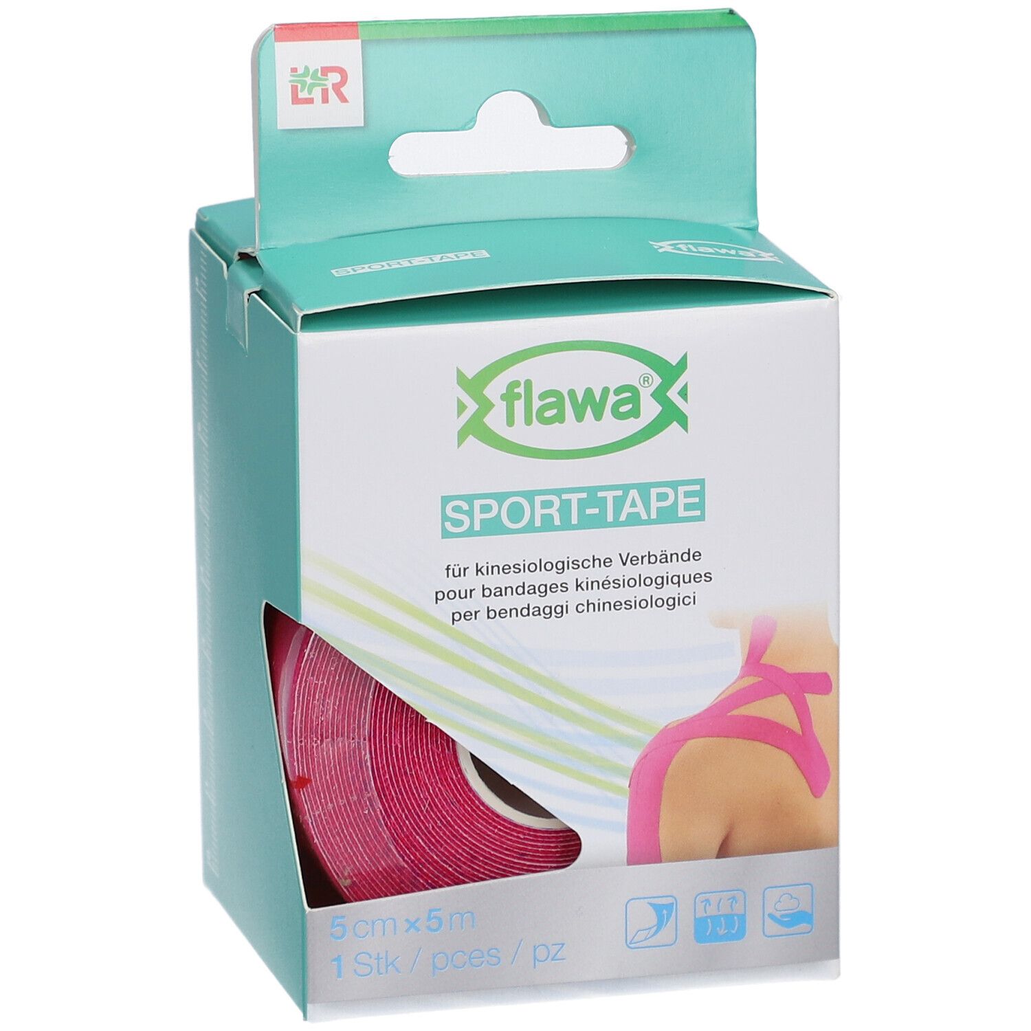 Verpackung mit rosa Sport-Tape. Marke: flawa. 5cm x 5m. Für Kinesiologie-Verbände. 1 Rolle. Rosa Tape sichtbar.