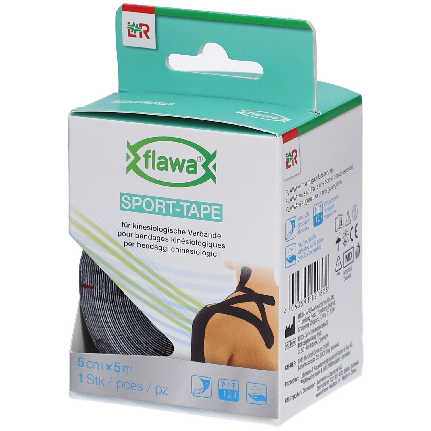 Verpackung mit schwarzem Sport-Tape. Aufdruck: flawa SPORT-TAPE, 5cm x 5m. Gezeigt ist ein Kinesiologie-Verband.