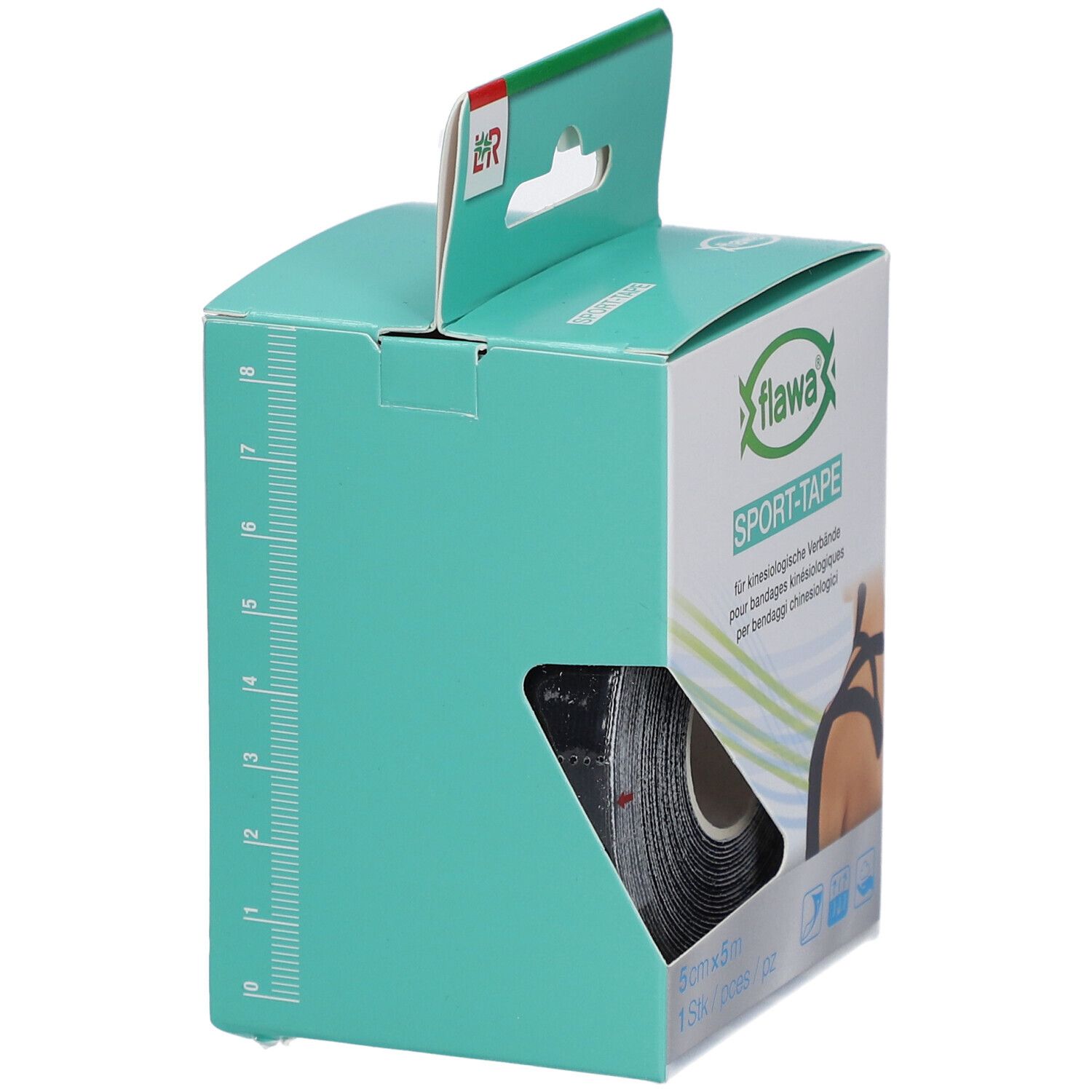 Verpackung mit schwarzem Sport-Tape. Aufdruck: flawa SPORT-TAPE, 5cm x 5m. Gezeigt ist ein Kinesiologie-Verband.