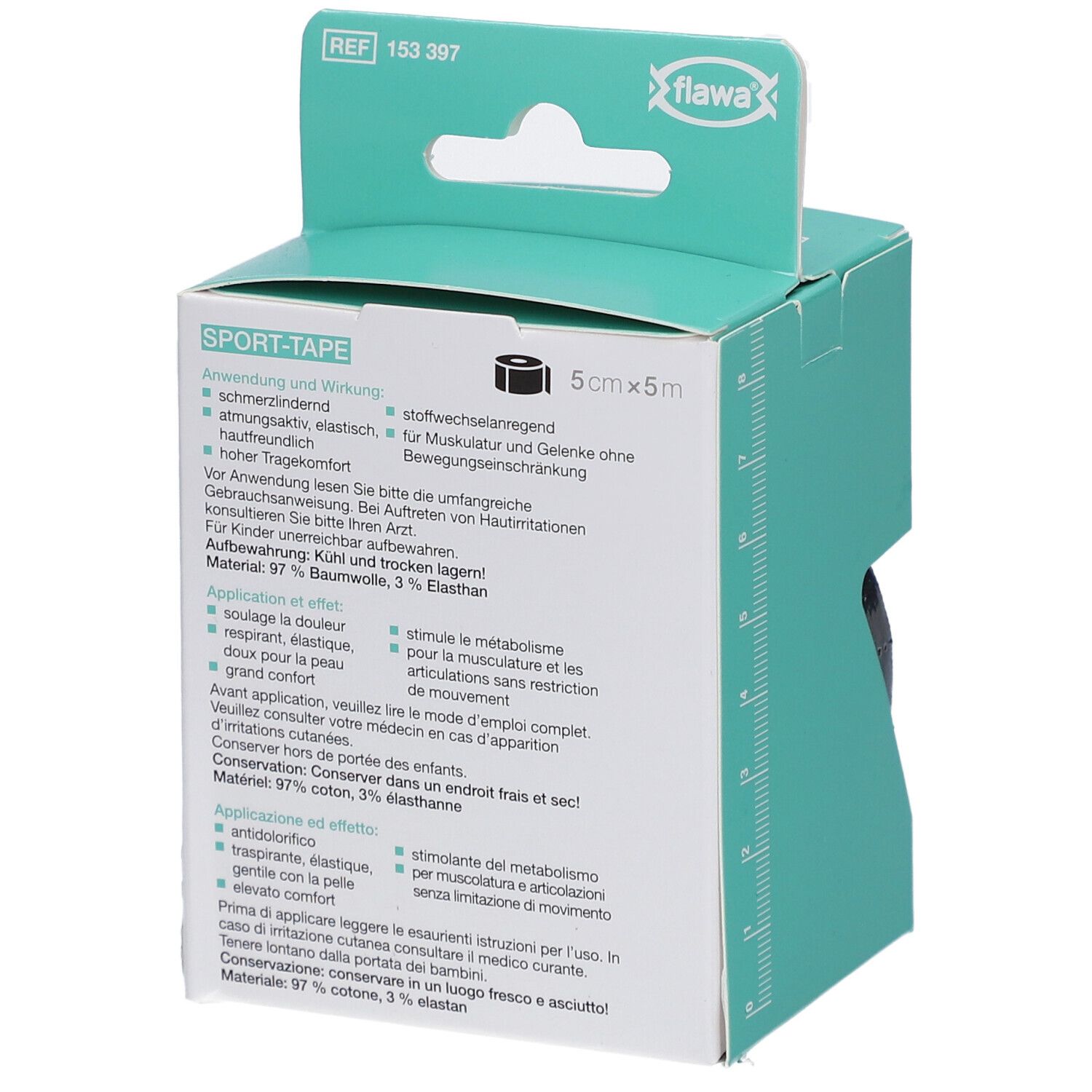 Verpackung mit schwarzem Sport-Tape. Aufdruck: flawa SPORT-TAPE, 5cm x 5m. Rückseite mit Produktinformationen und Maße.