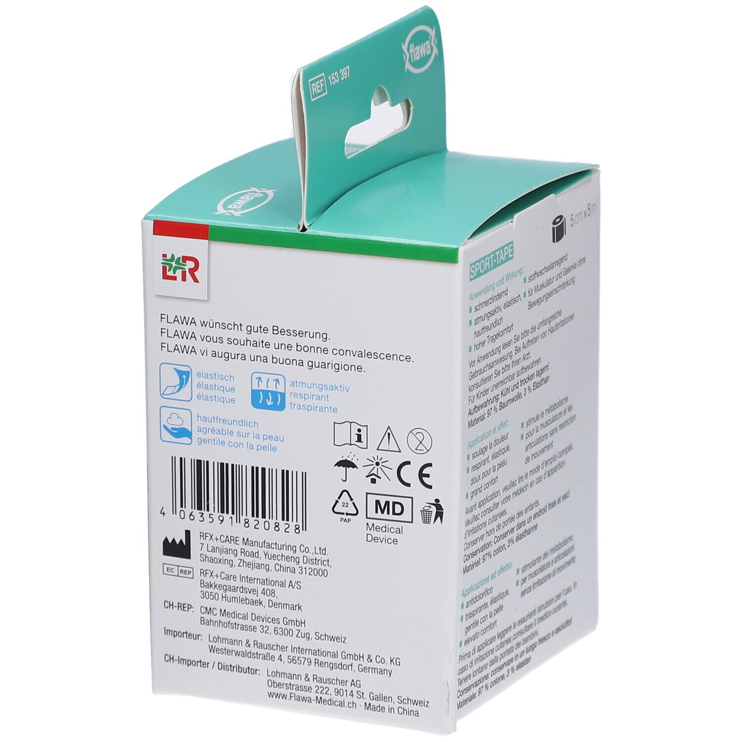 Verpackung mit schwarzem Sport-Tape. Aufdruck: flawa SPORT-TAPE, 5cm x 5m. Rückseite mit Produktinformationen und Maße.