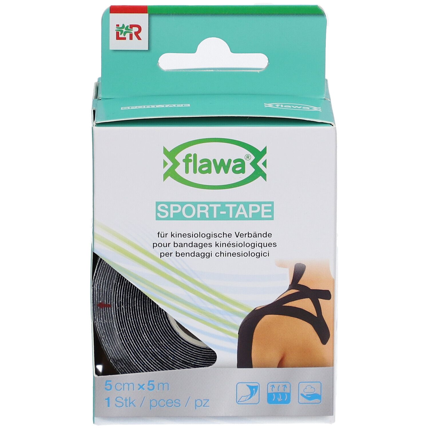 Verpackung mit schwarzem Sport-Tape. Aufdruck: flawa SPORT-TAPE, 5cm x 5m. Gezeigt ist ein Kinesiologie-Verband.