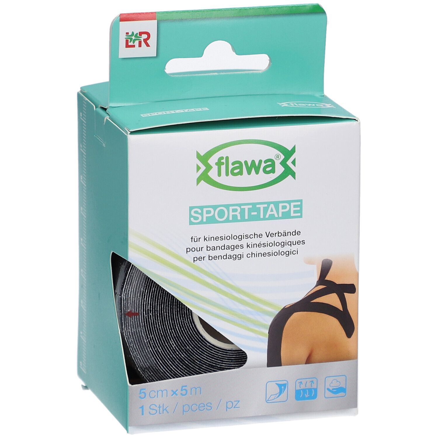 Verpackung mit schwarzem Sport-Tape. Aufdruck: flawa SPORT-TAPE, 5cm x 5m. Gezeigt ist ein Kinesiologie-Verband.
