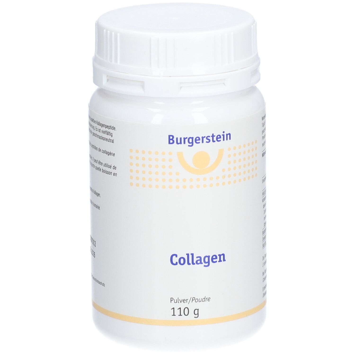 Weißes Kunststoff-Behälter mit Schraubverschluss. Aufschrift: Burgerstein Collagen, Pulver/Poudre, 110 g.