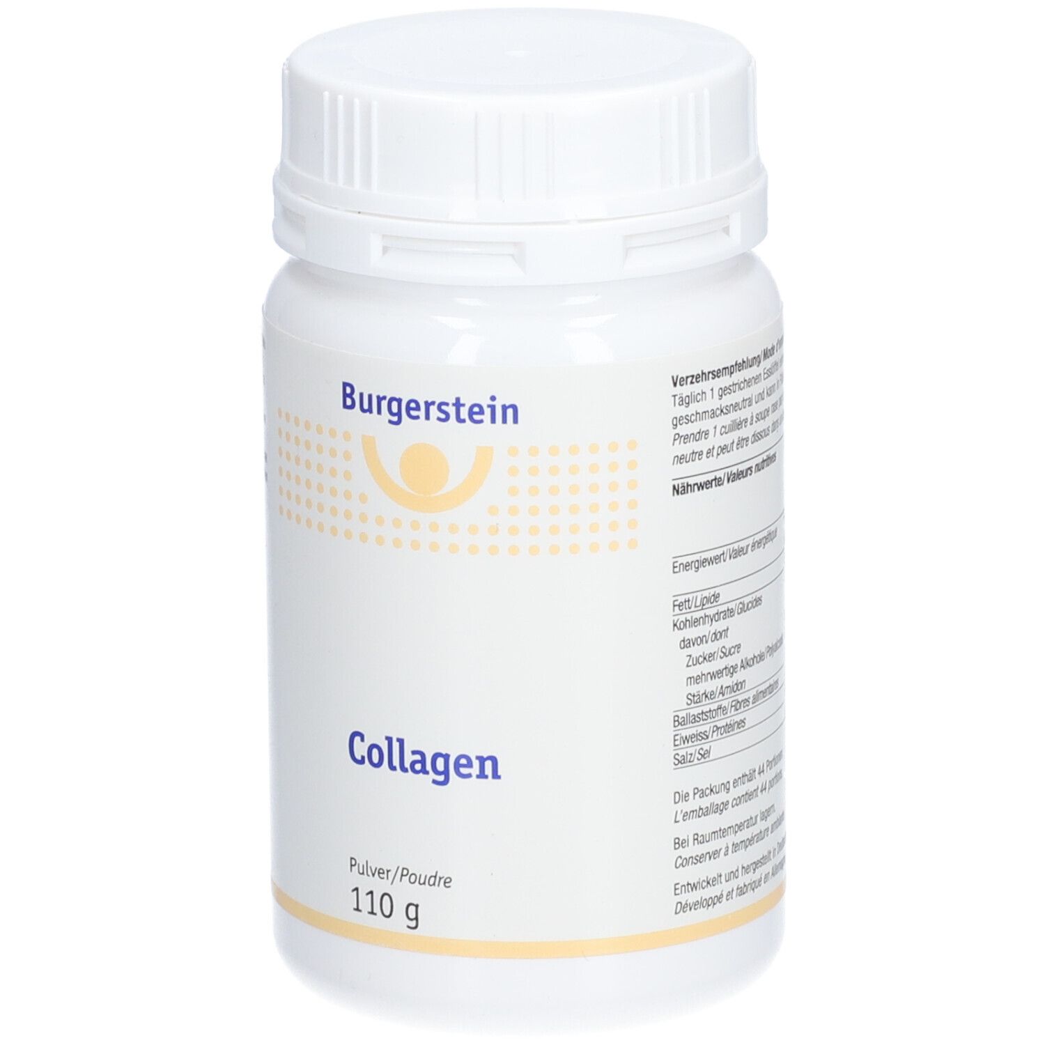 Weißes Kunststoff-Behälter mit Schraubverschluss. Aufschrift: Burgerstein Collagen, Pulver/Poudre, 110 g. Nährwertangaben.