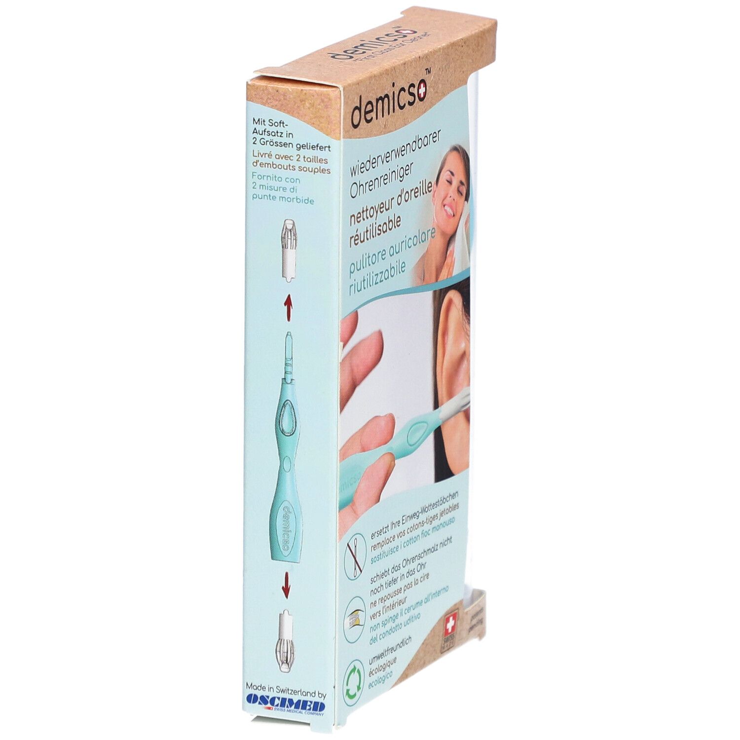 Verpackung mit Ohrreiniger. Hellblauer Griff, weißer Kopf. Produktname und Logo sichtbar. Seitenansicht mit Produktabbildung.