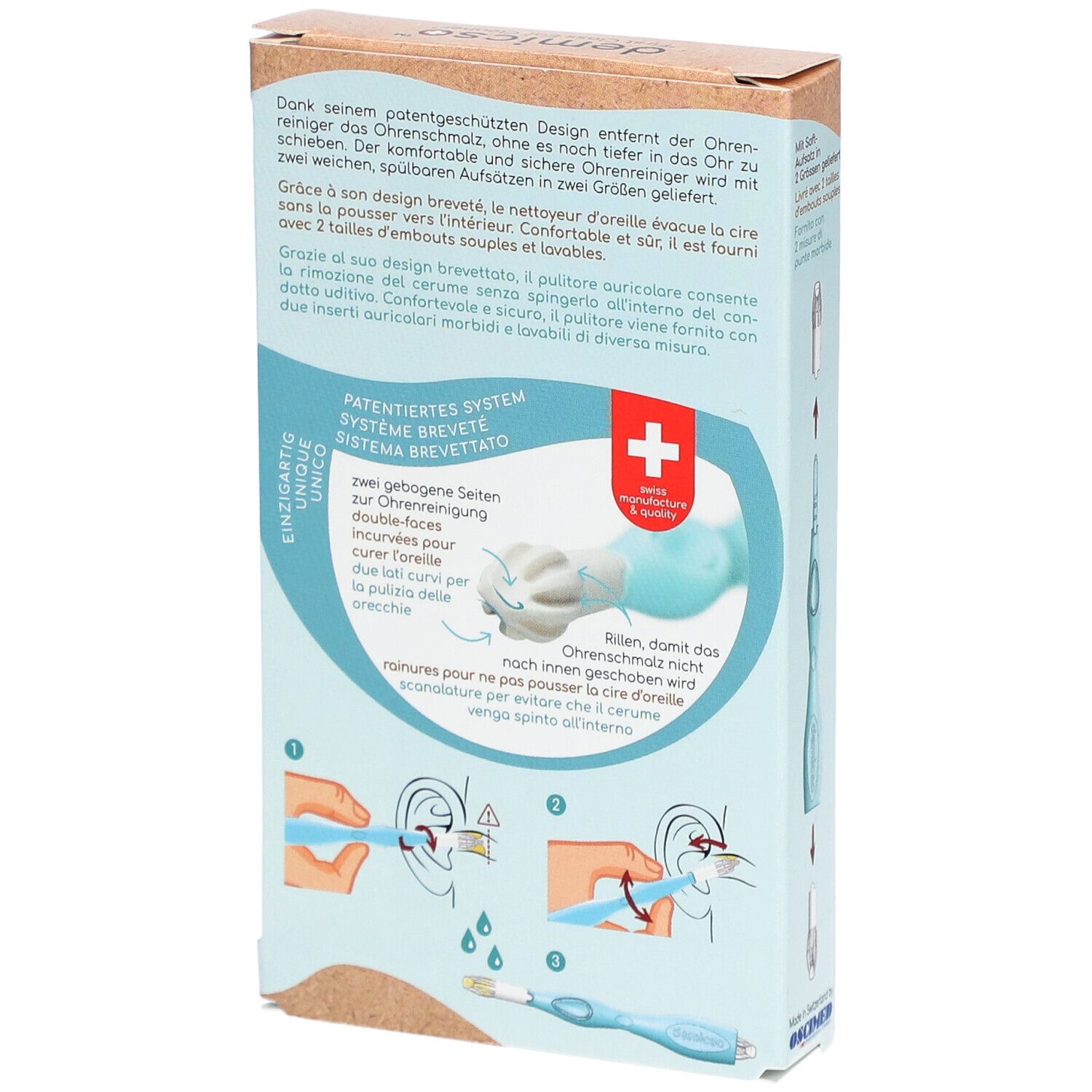 Rückseite der Verpackung. Text und Illustrationen zum Ohrreiniger. Produktname und Logo sichtbar. Schweizer Kreuz.