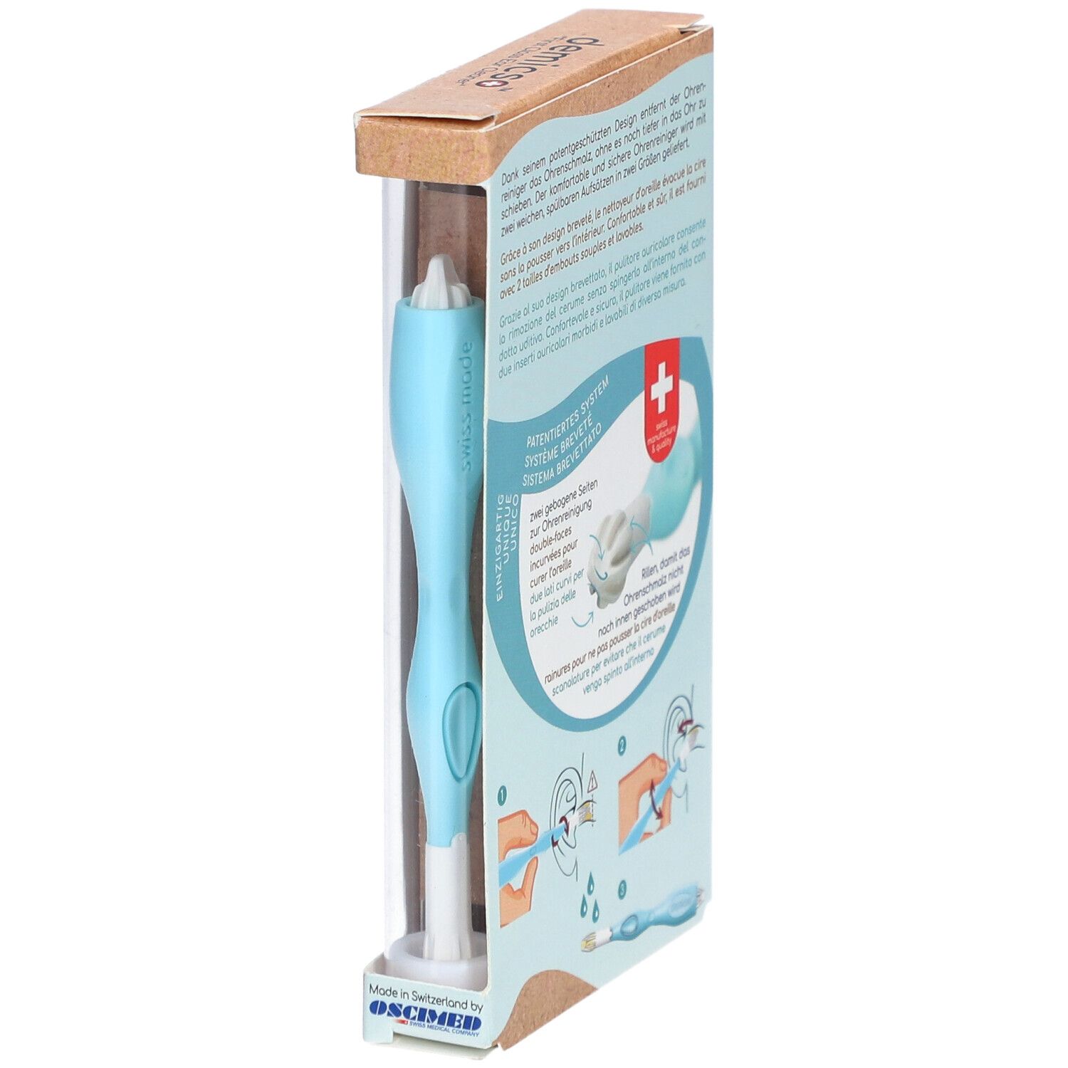 Verpackung mit Ohrreiniger. Hellblauer Griff, weißer Kopf. Produktname und Logo sichtbar. Seitenansicht mit Produktabbildung.