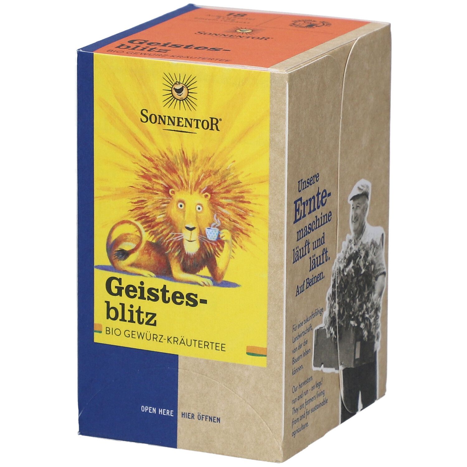 Karton mit Sonnentor Geistesblitz Tee. Gelbes Feld mit Löwen-Illustration und Produktnamen. Blaue und braune Akzente.
