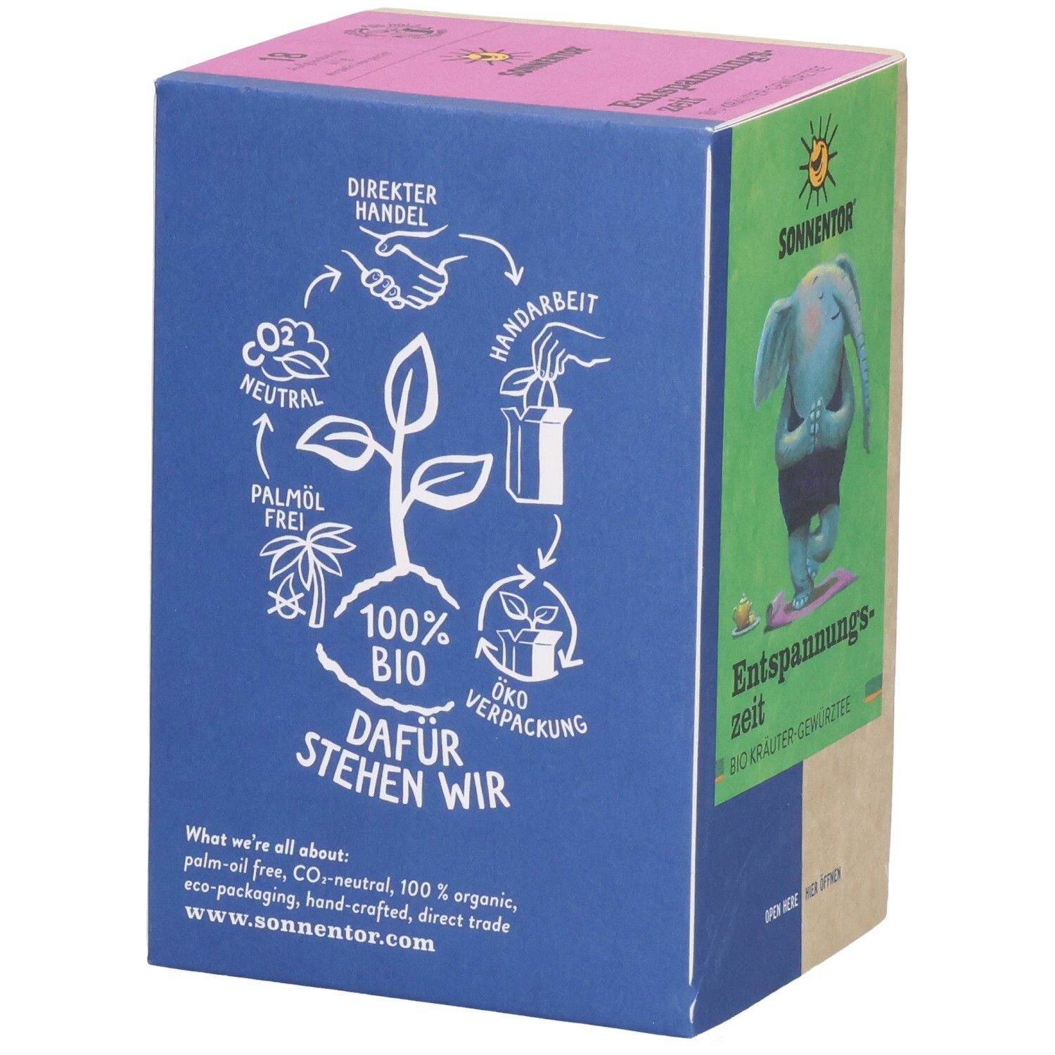SONNENTOR Entspannungszeit Tee Verpackung mit Siegeln für CO2-neutral, Palmöl frei, 100% Bio.