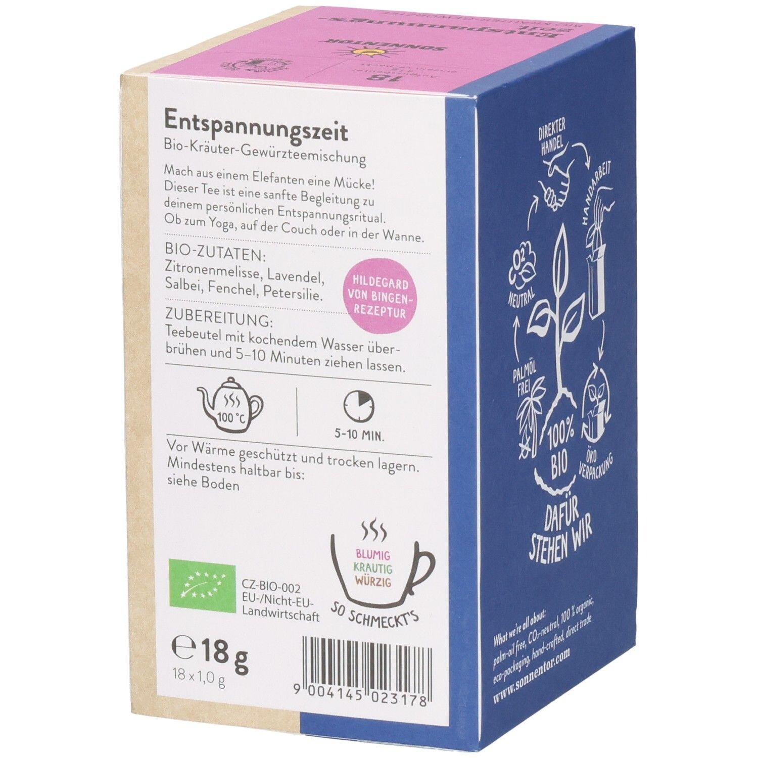 SONNENTOR Entspannungszeit Tee Rückseite mit Bio-Siegel, Zubereitungshinweisen und 18g Inhalt.