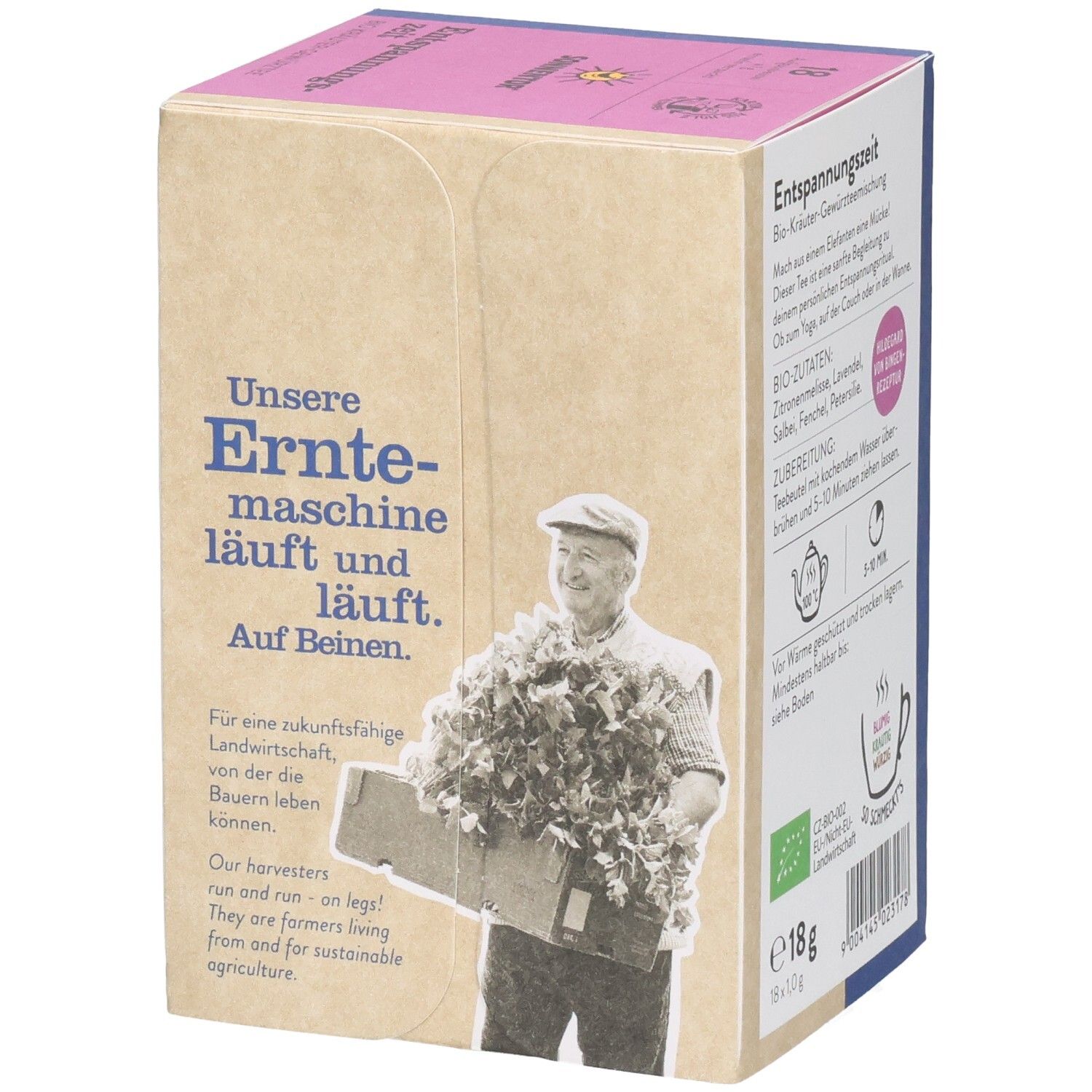SONNENTOR Entspannungszeit Tee Verpackung mit Bild eines Mannes mit Erntegut und Text.