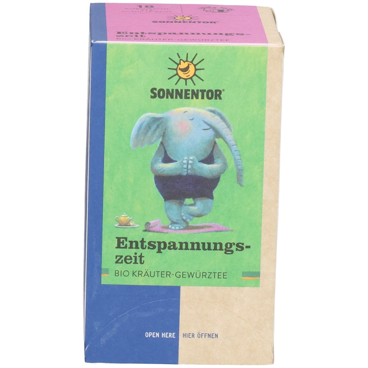 SONNENTOR Entspannungszeit Bio Kräuter-Gewürztee Verpackung mit Elefant in Yoga-Pose.
