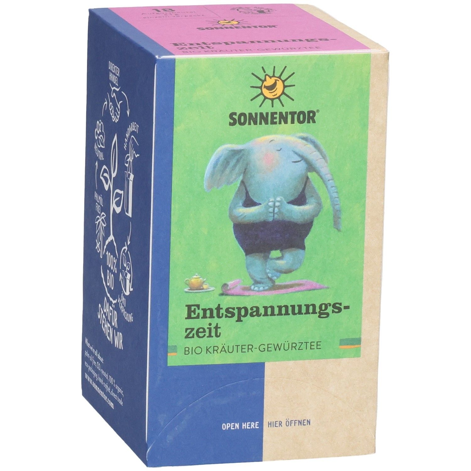SONNENTOR Entspannungszeit Tee Verpackung mit Elefant in Yoga-Pose und Text.