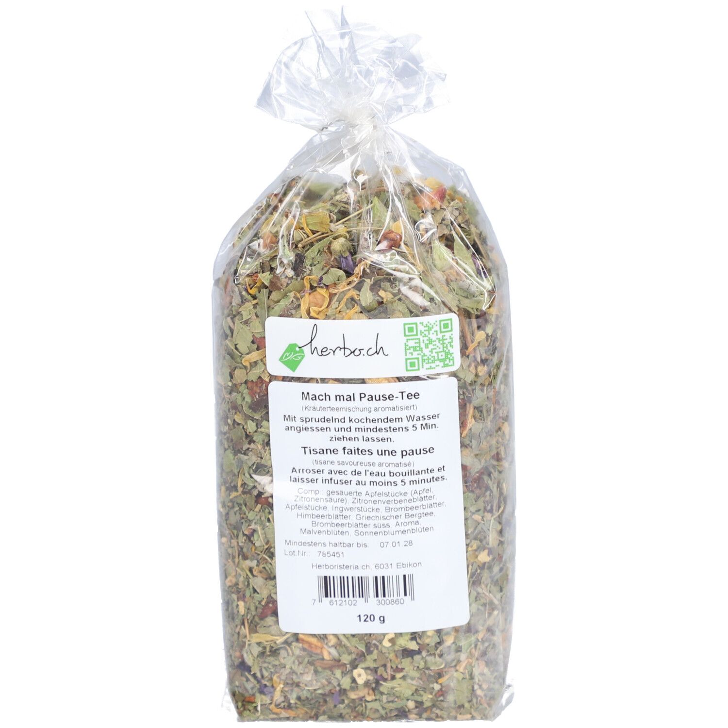 Kräutermischung in transparenter Verpackung. Etikett mit Text: Mach mal Pause-Tee. 120g. Mit sprudelnd kochendem Wasser angiessen und mindestens 5 Min ziehen lassen.