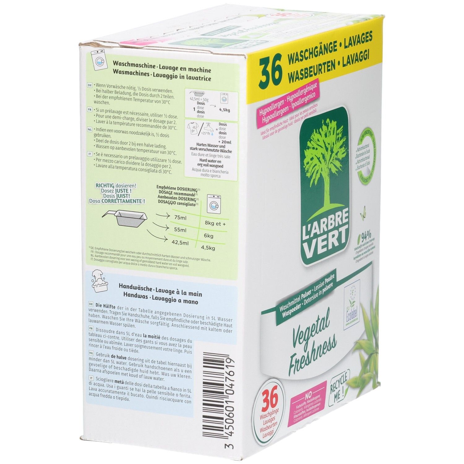L'Arbre Vert Vegetal Freshness Waschmittelkarton mit 36 Waschgängen.