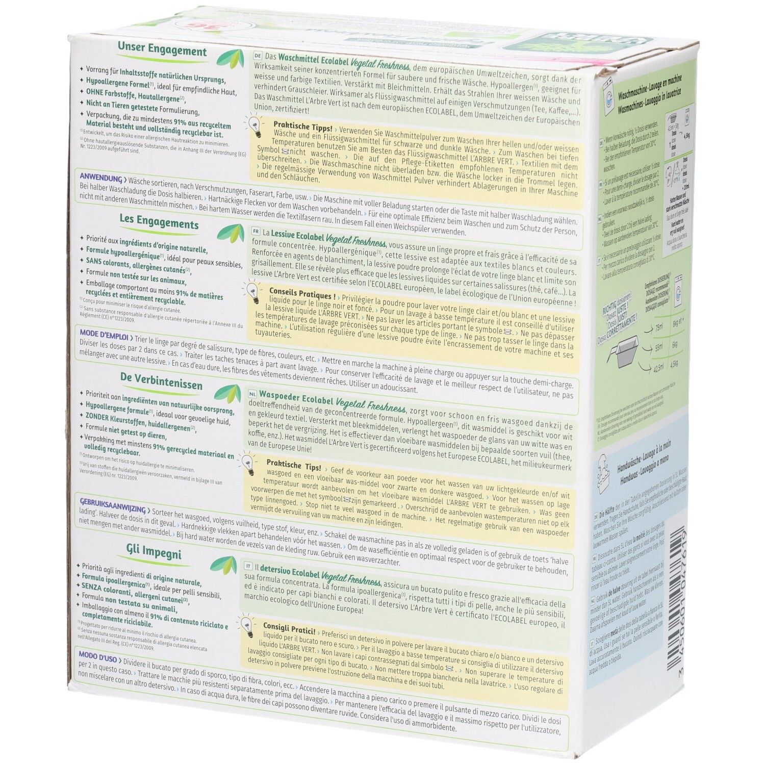 Verpackung mit mehrsprachigen Produktinformationen und Hinweisen.
