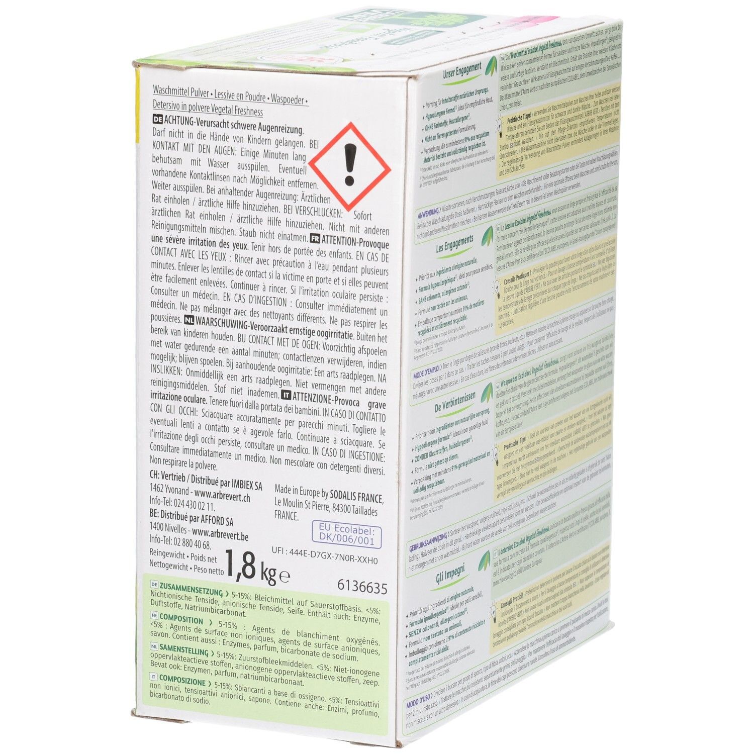 Verpackung Waschmittelpulver, 1,8 kg. Enthält Warnhinweise und Inhaltsstoffangaben.