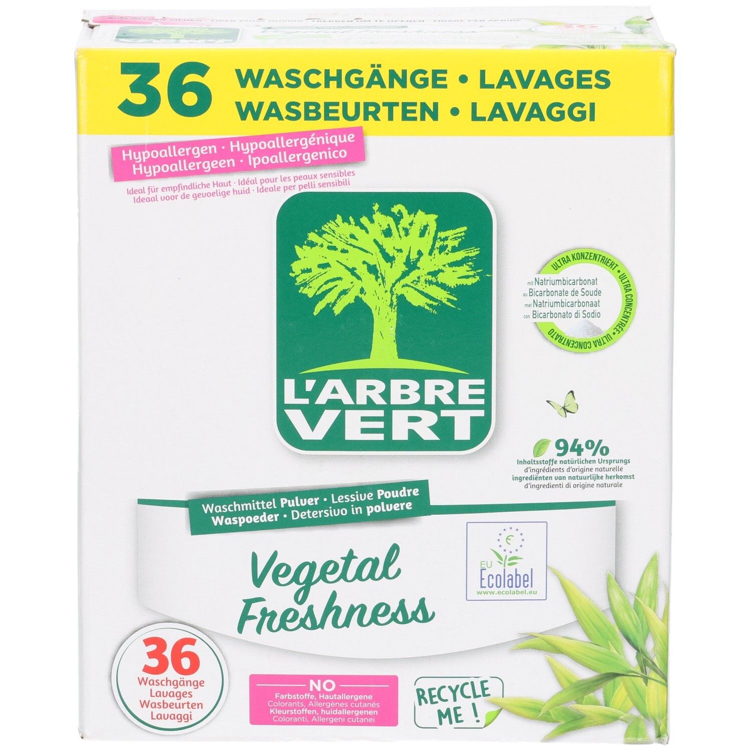 L'Arbre Vert Vegetal Freshness Waschmittel-Pulver-Box, 36 Waschgänge, hypoallergen.