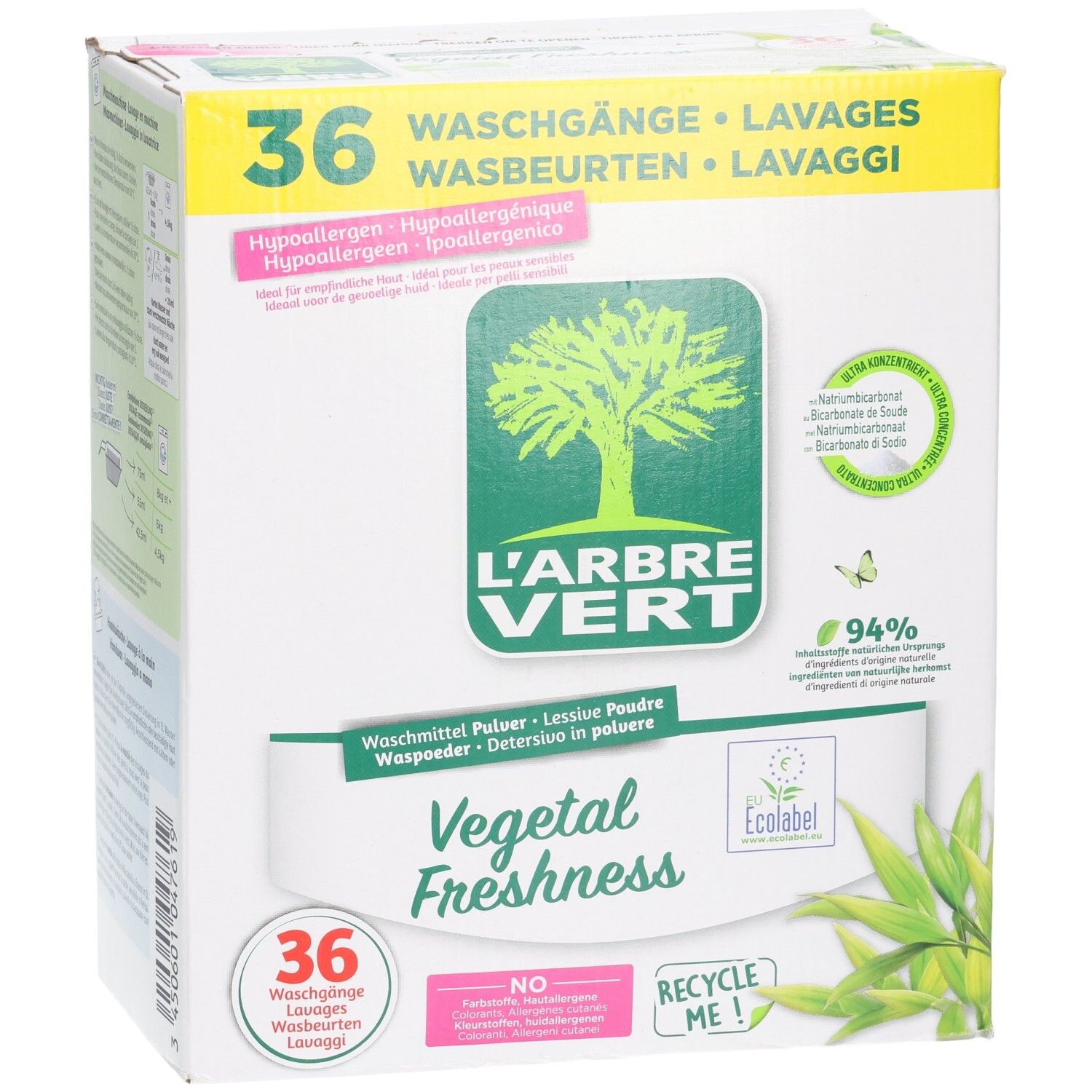 L'Arbre Vert Vegetal Freshness Waschmittel-Pulver-Box für 36 Waschgänge, hypoallergen.