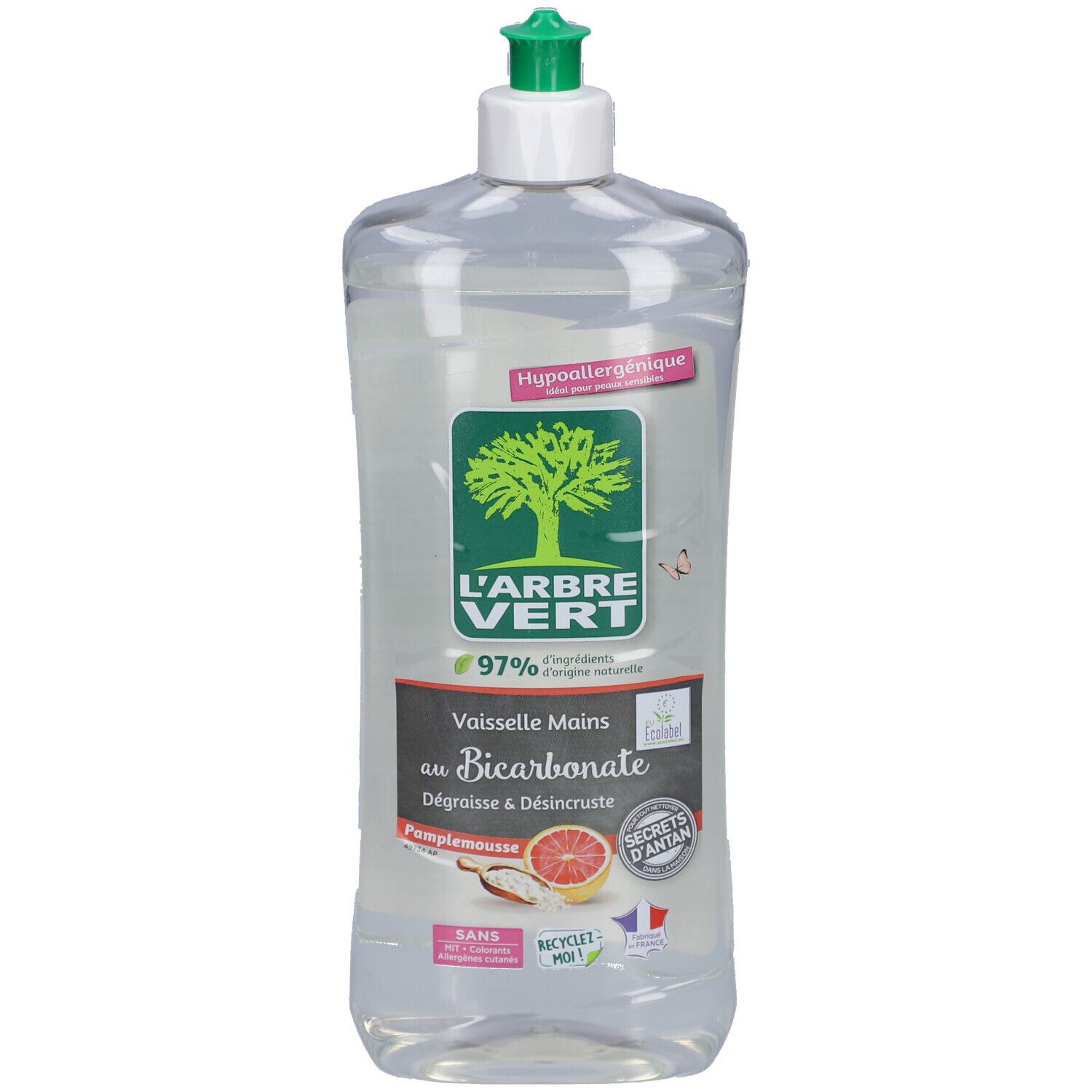 Transparente Flasche mit grünem Deckel. Etikett mit Logo, Text und Grapefruit-Abbildung. "L'ARBRE VERT" und "Bicarbonate".