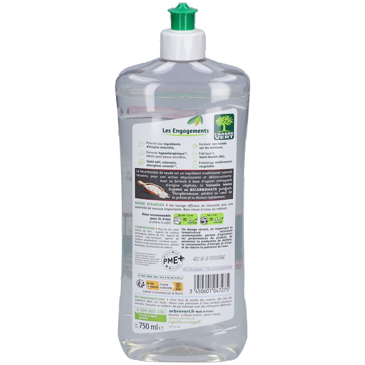 Rückseite einer transparenten Flasche. Etikett mit Text und Logo. "L'ARBRE VERT" und Informationen über Inhaltsstoffe und Recycling.