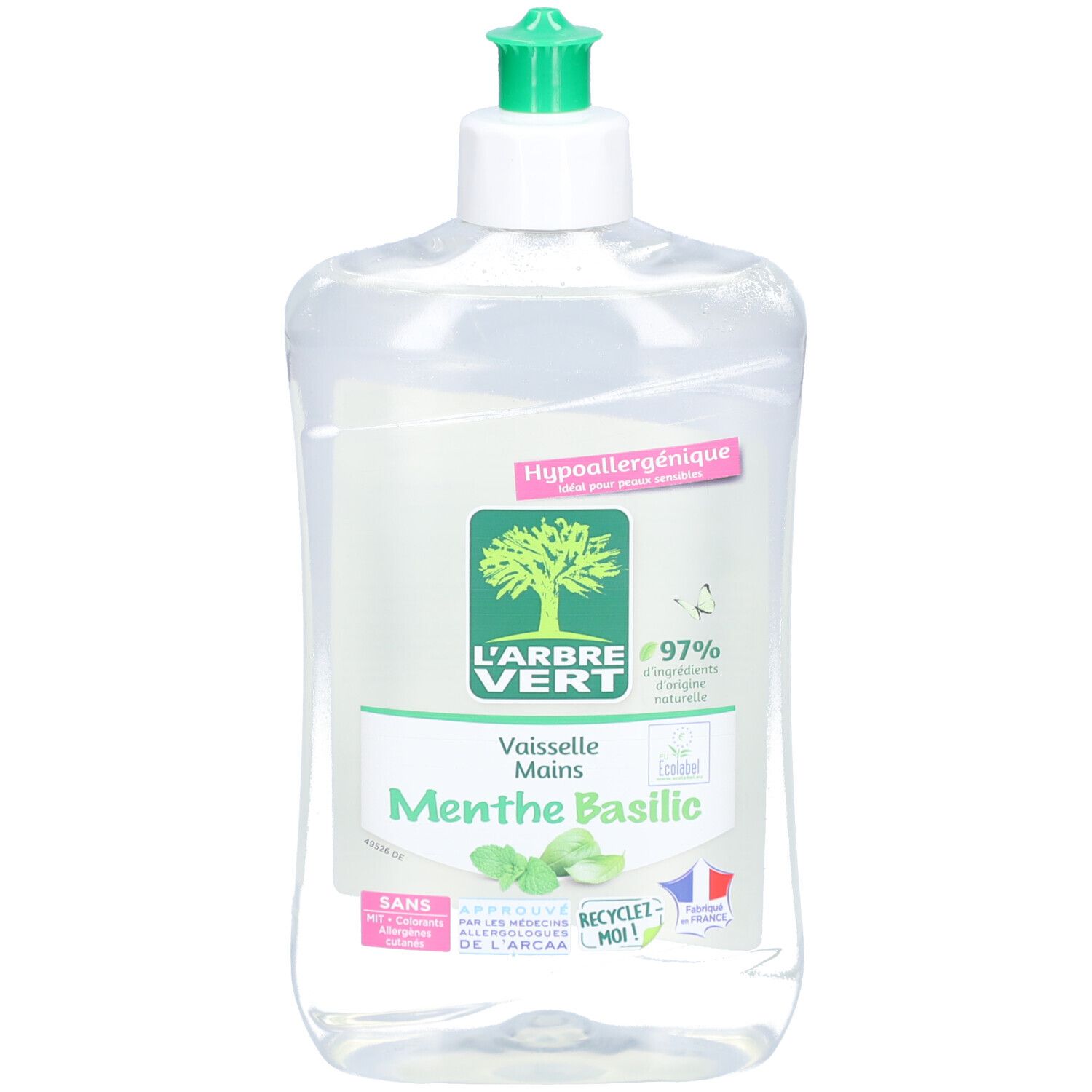 Klare Flasche mit grünem Deckel. Etikett mit Logo, Text: "L'ARBRE VERT Vaisselle Mains Menthe Basilic".