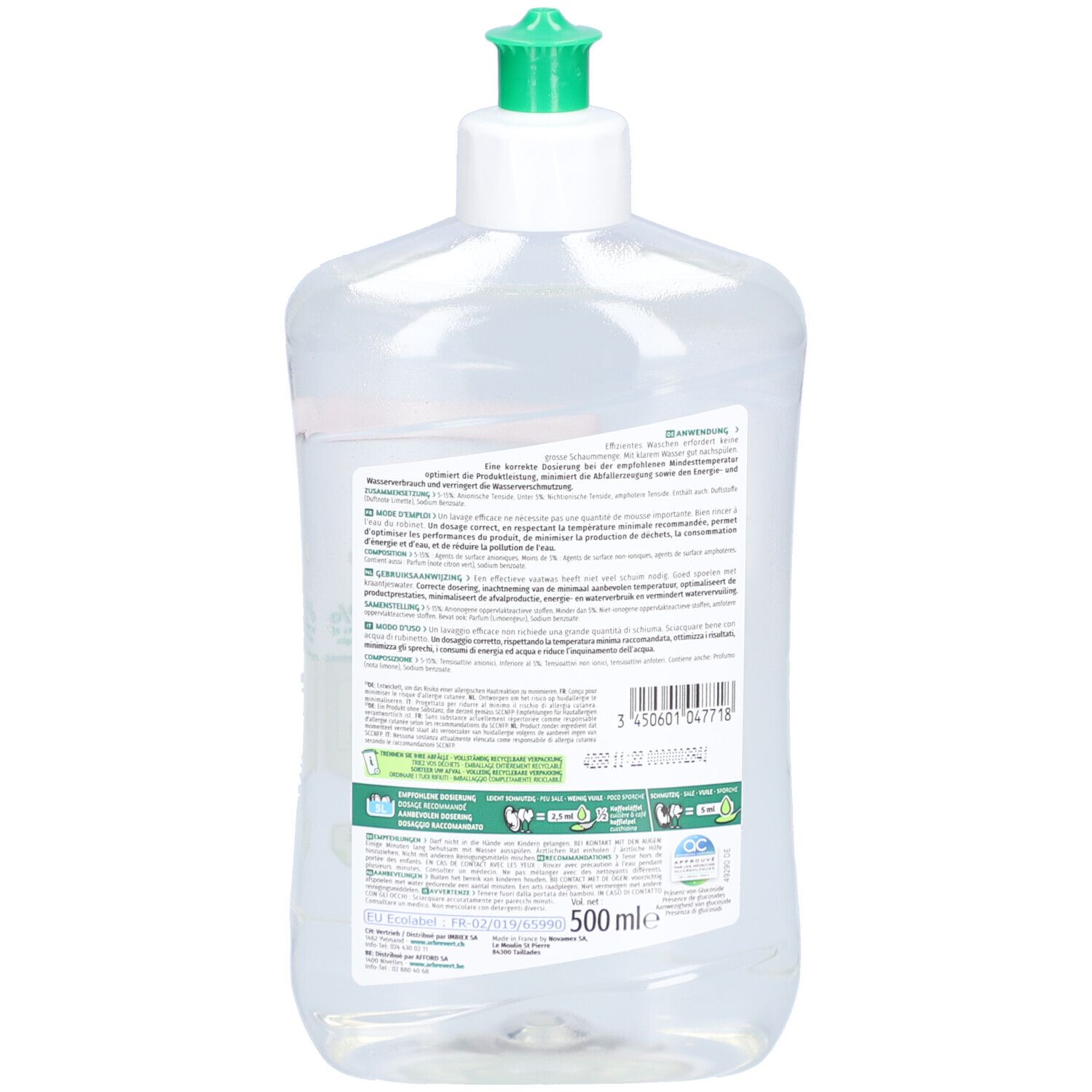 Rückseite der transparenten Flasche. Text in mehreren Sprachen. Öko-Siegel und Volumenangabe.