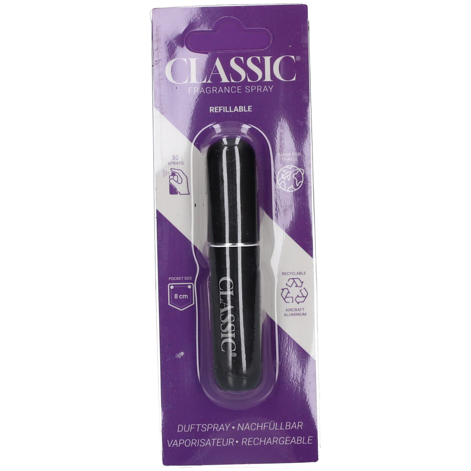 Schwarzer, nachfüllbarer Duftspray in Verpackung. Mit "CLASSIC" und "REFILLABLE" beschriftet. 8 cm groß.